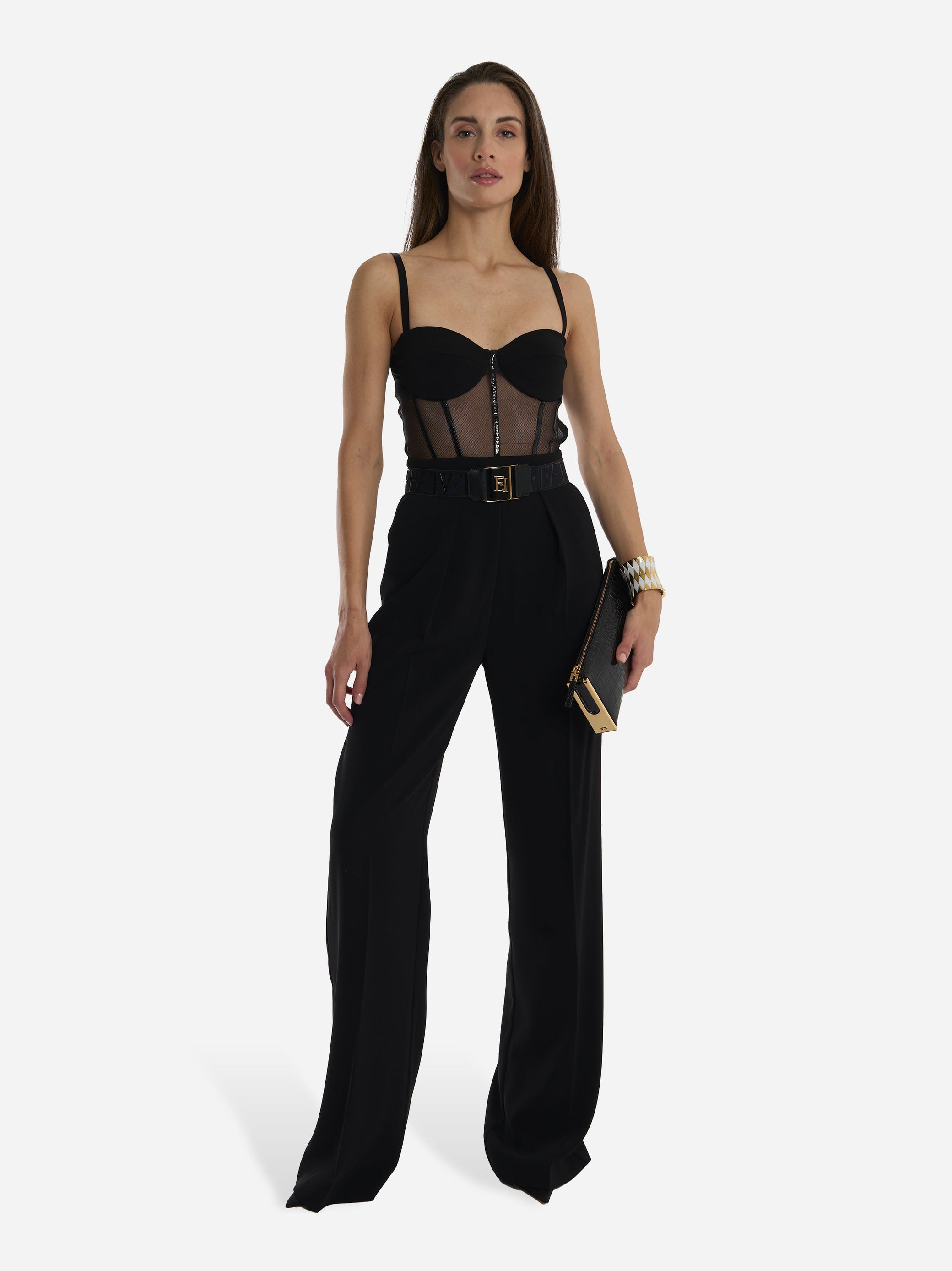 Black lightweight crepe and tulle jumpsuit