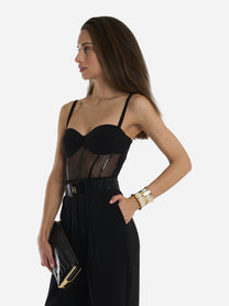 Black lightweight crepe and tulle jumpsuit