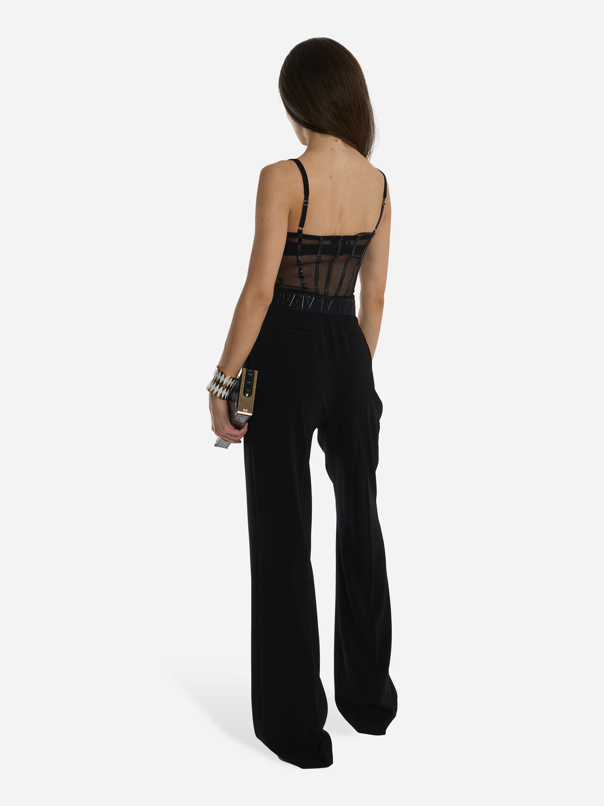 Black lightweight crepe and tulle jumpsuit