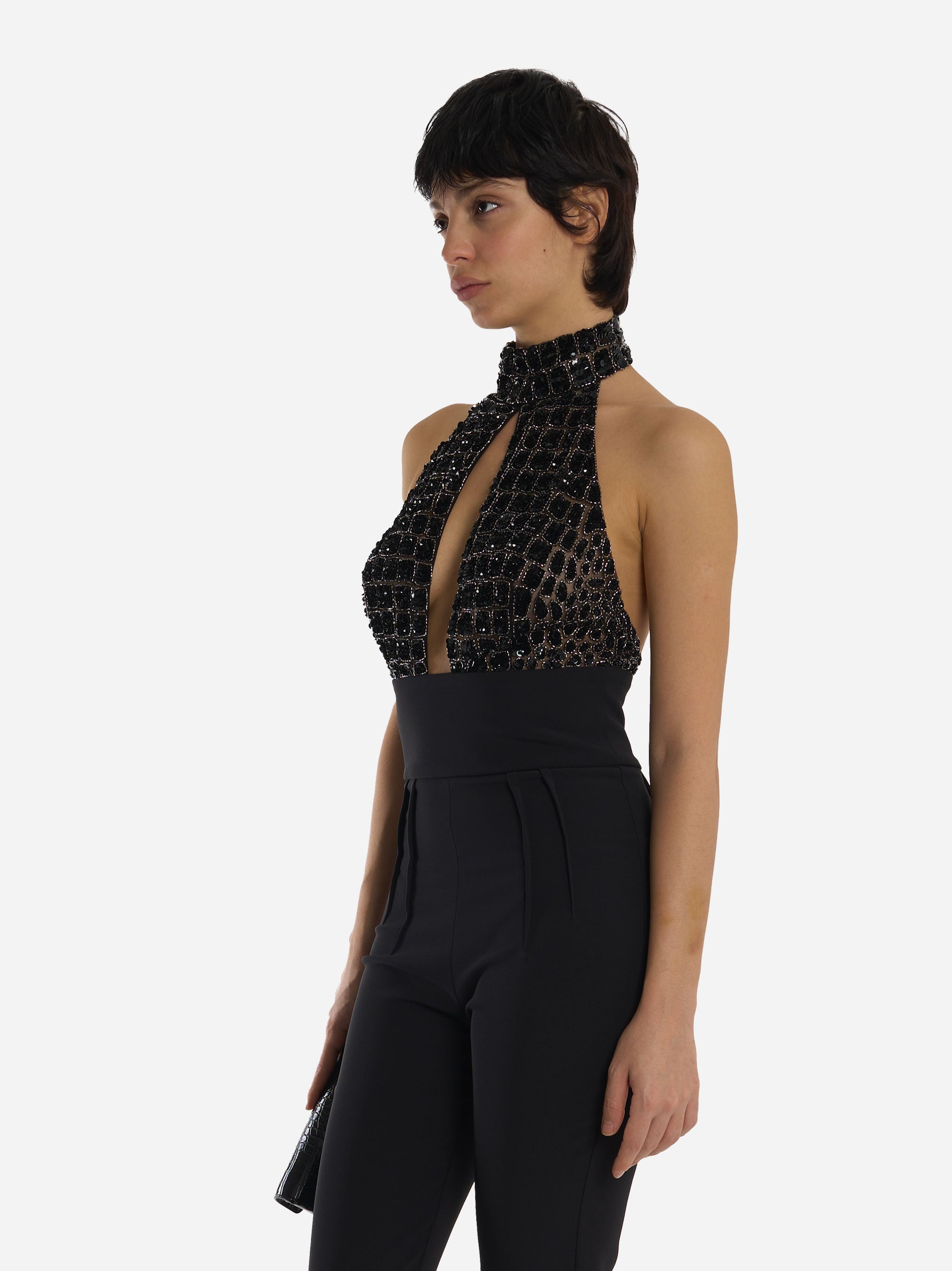 Tuta in tulle e crepe con ricami cocco Nera