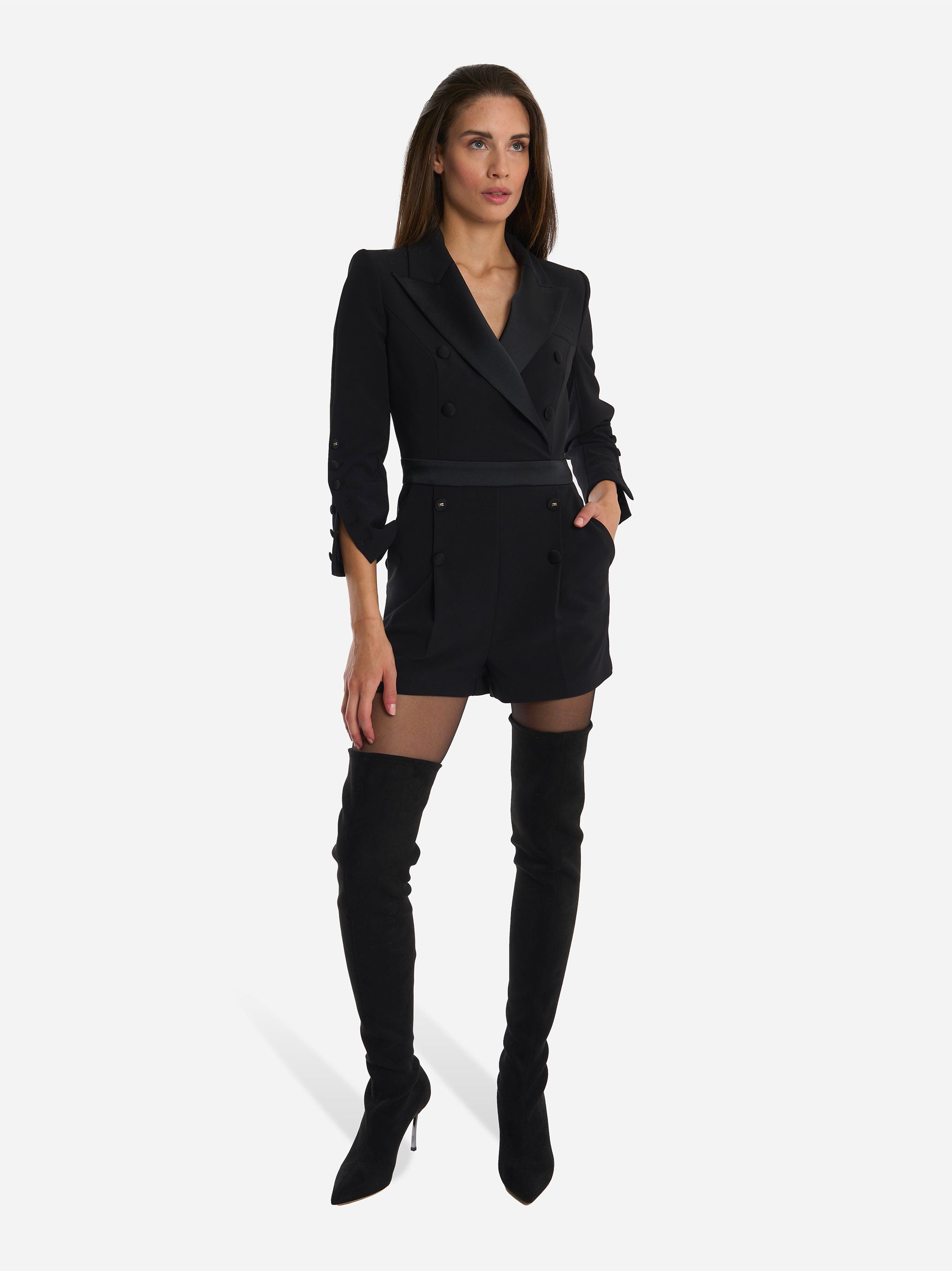 Tuta in crepe leggero con dettagli smoking Nero