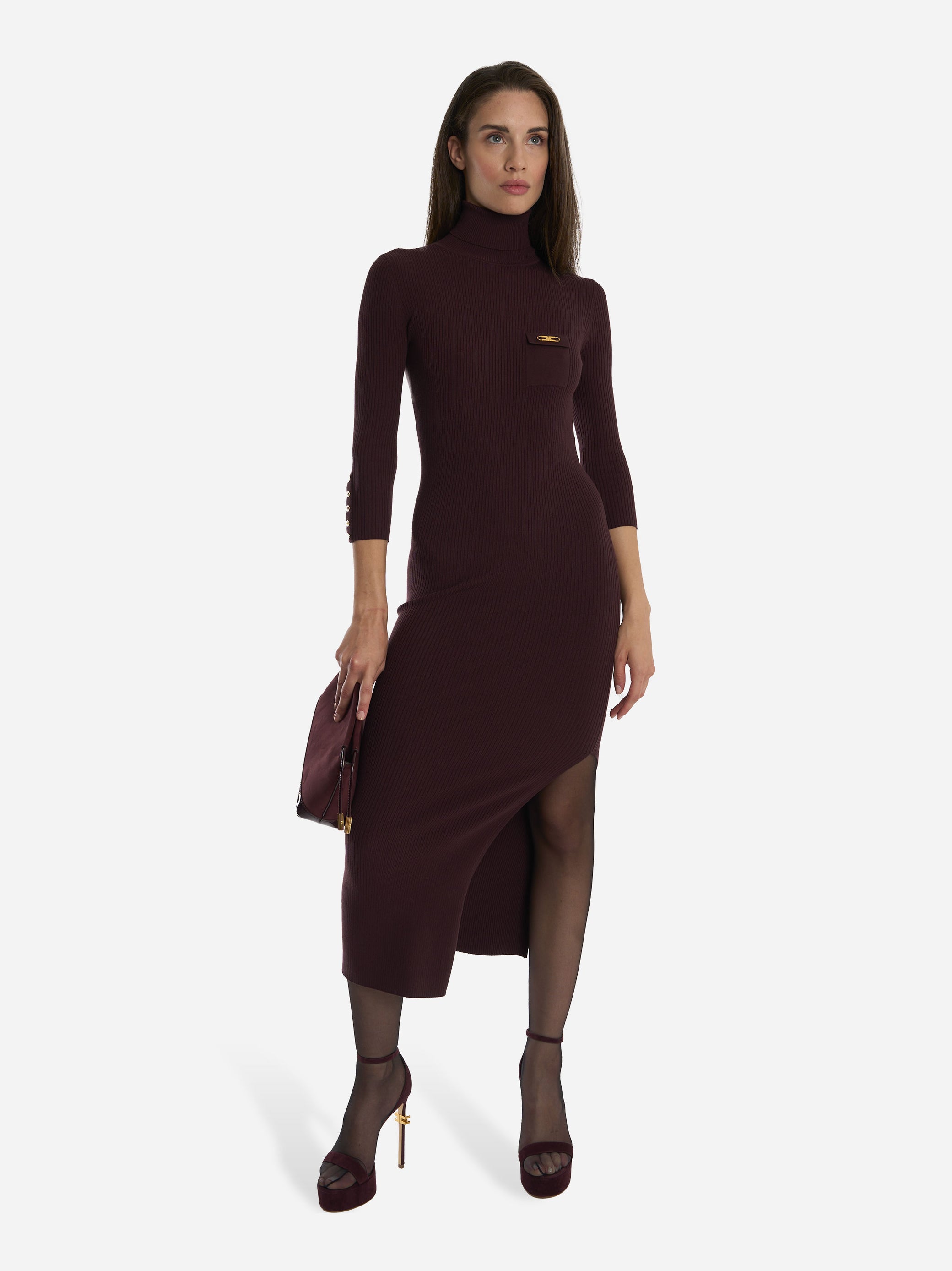 Abito in maglia a costine con taschino Bordeaux