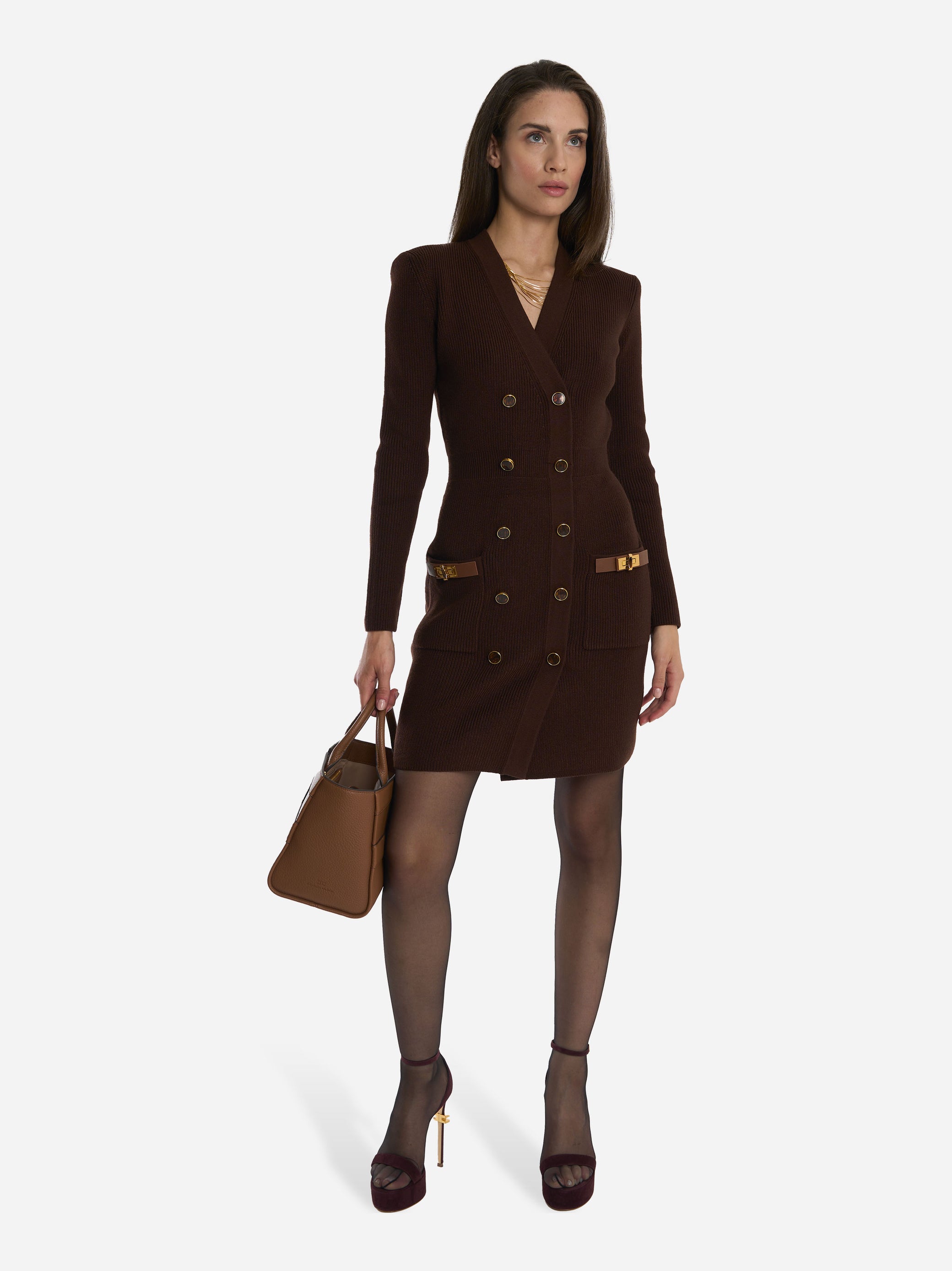 Mini abito in maglia con decorazioni gioiello Marrone