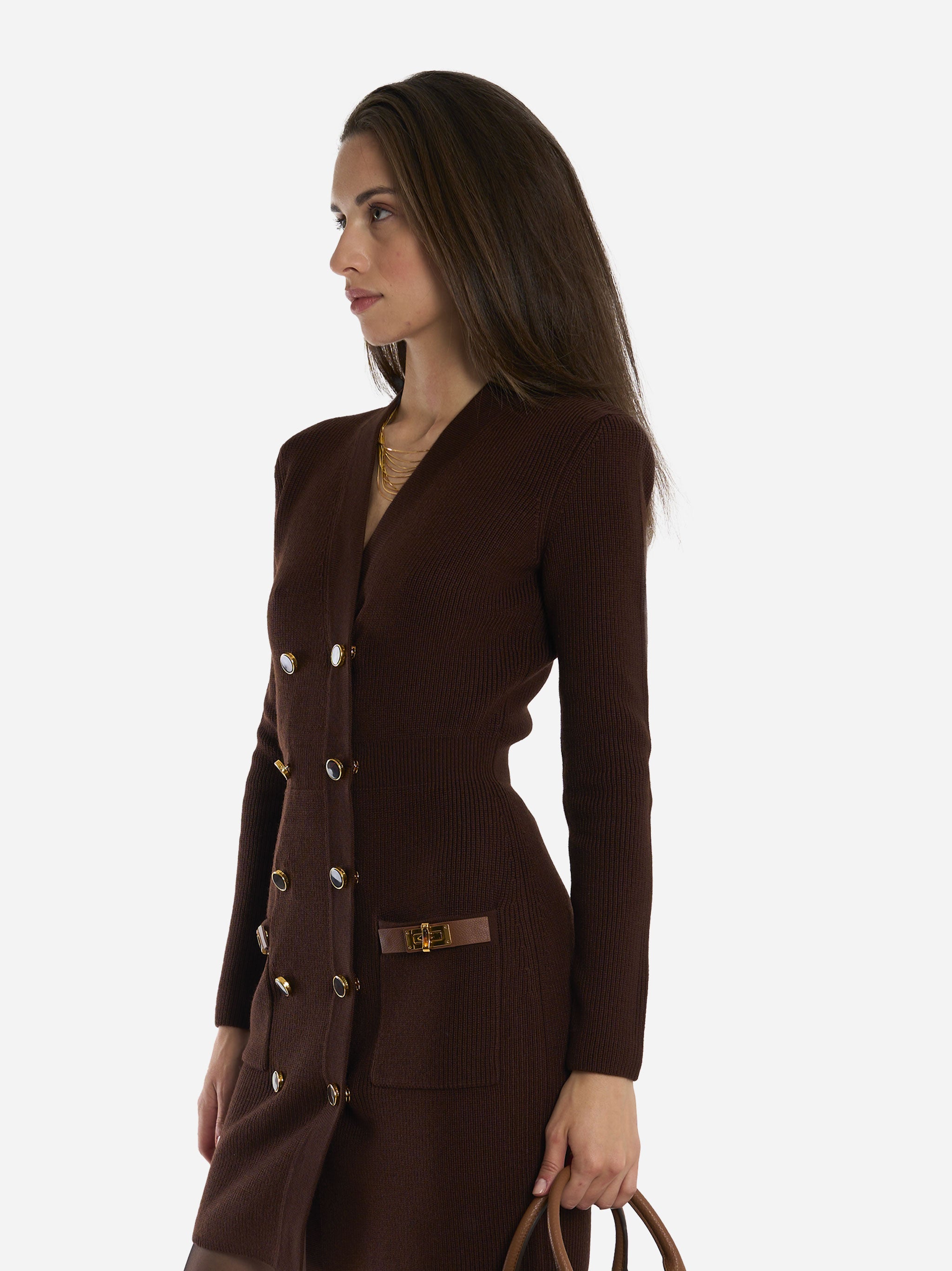 Mini abito in maglia con decorazioni gioiello Marrone