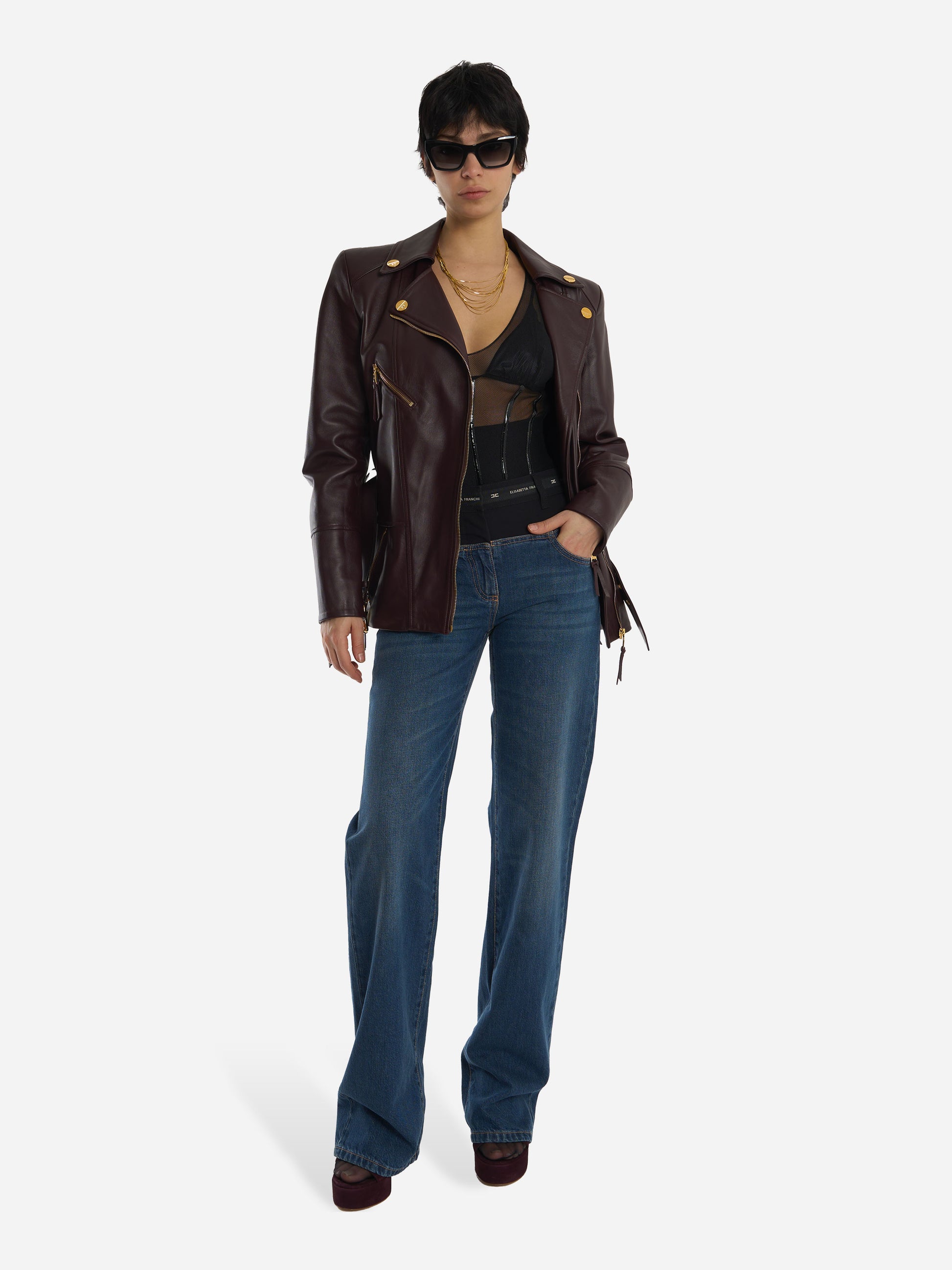 Giacca biker in pelle Bordeaux