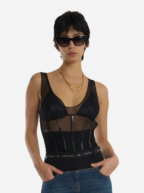 Stretch tulle bodysuit with black vinyl details