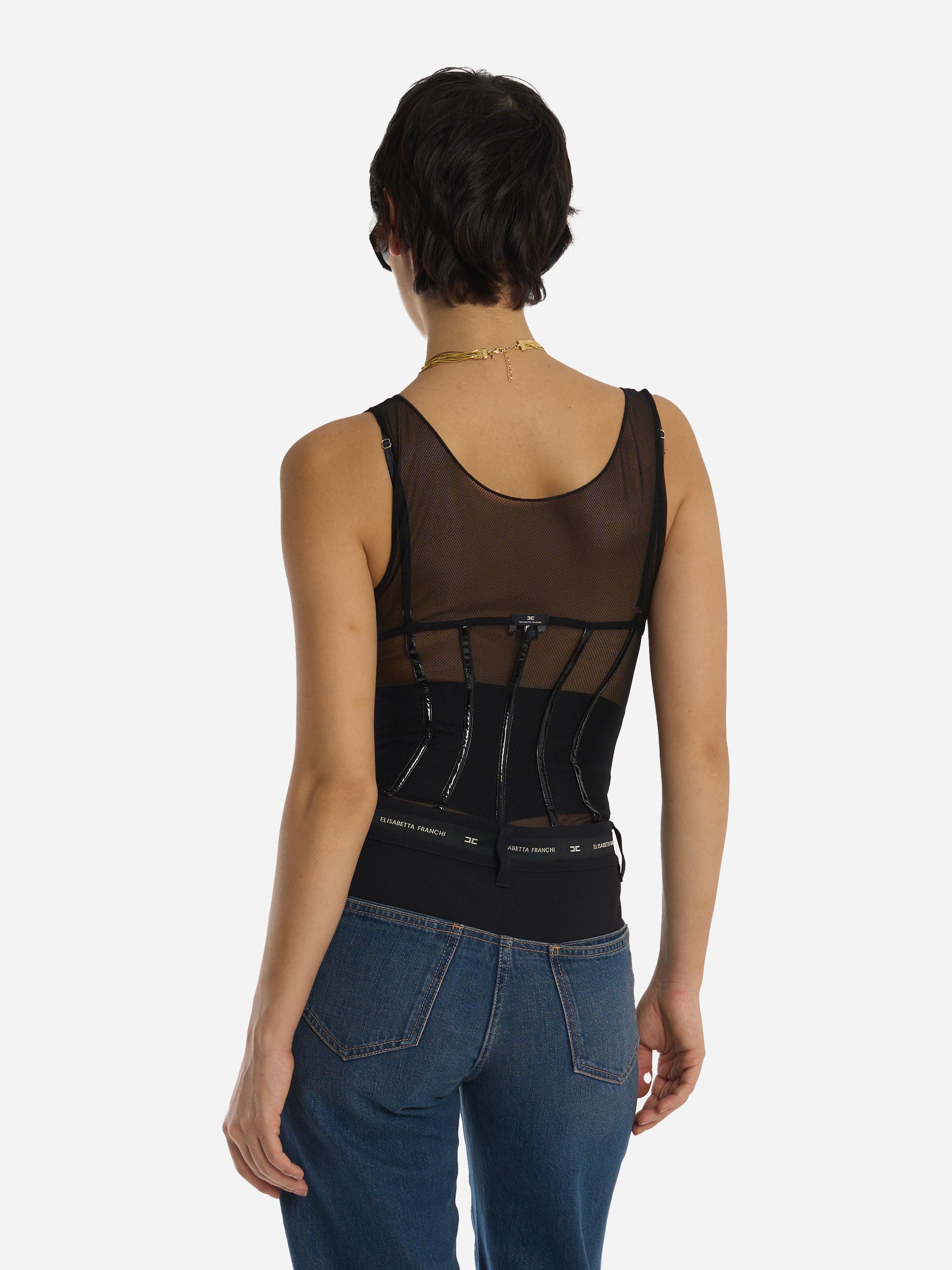 Stretch tulle bodysuit with black vinyl details