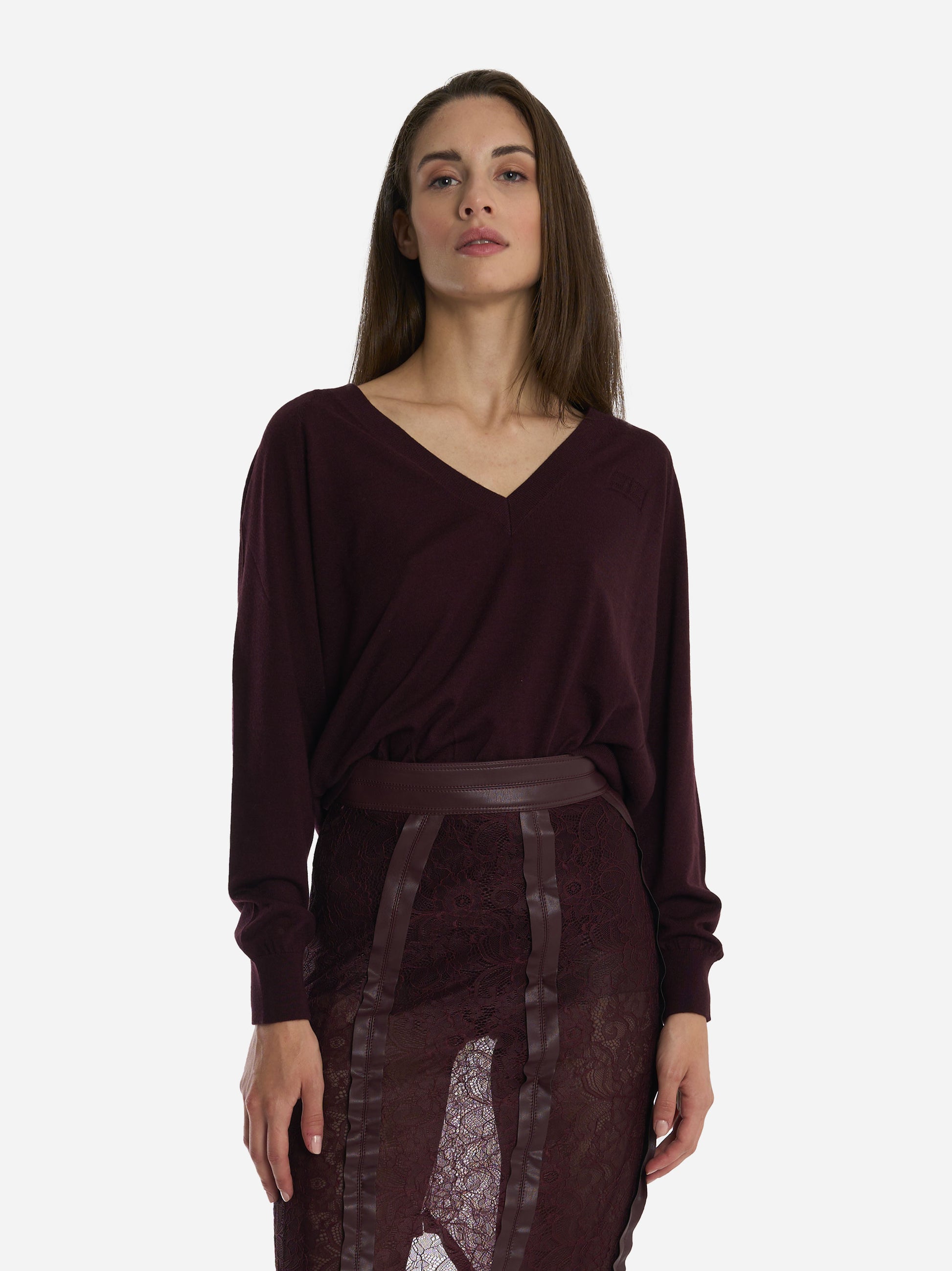 Maglia tricot scollo V Bordeaux