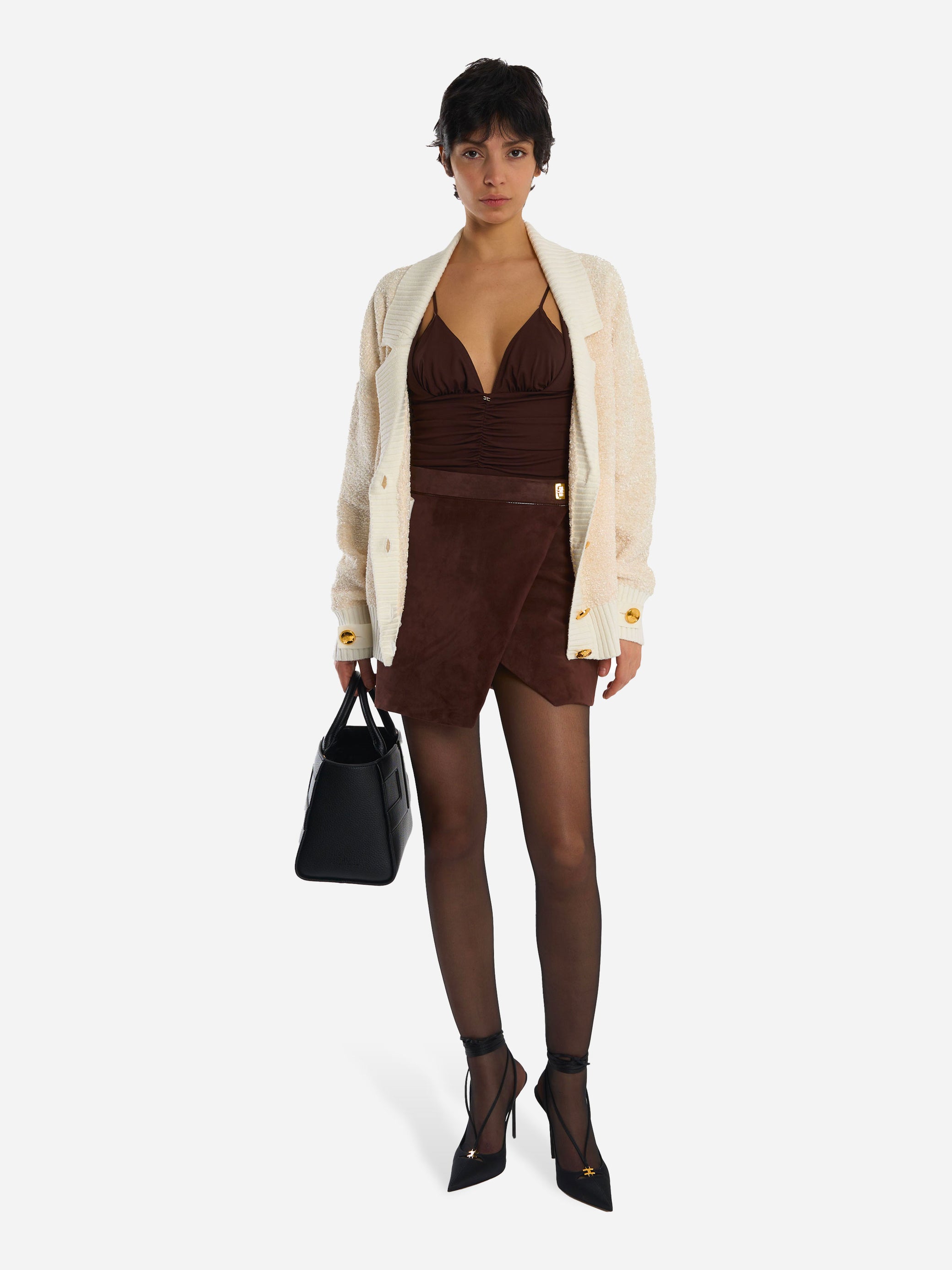 Cardigan in ciniglia bouclé con bottoni gioiello Bianco