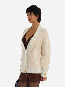 Cardigan in ciniglia bouclé con bottoni gioiello Bianco