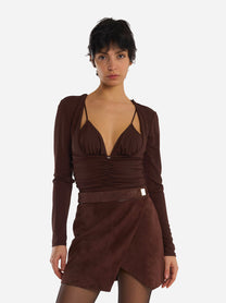 Body in jersey crepe con drappeggi Marrone