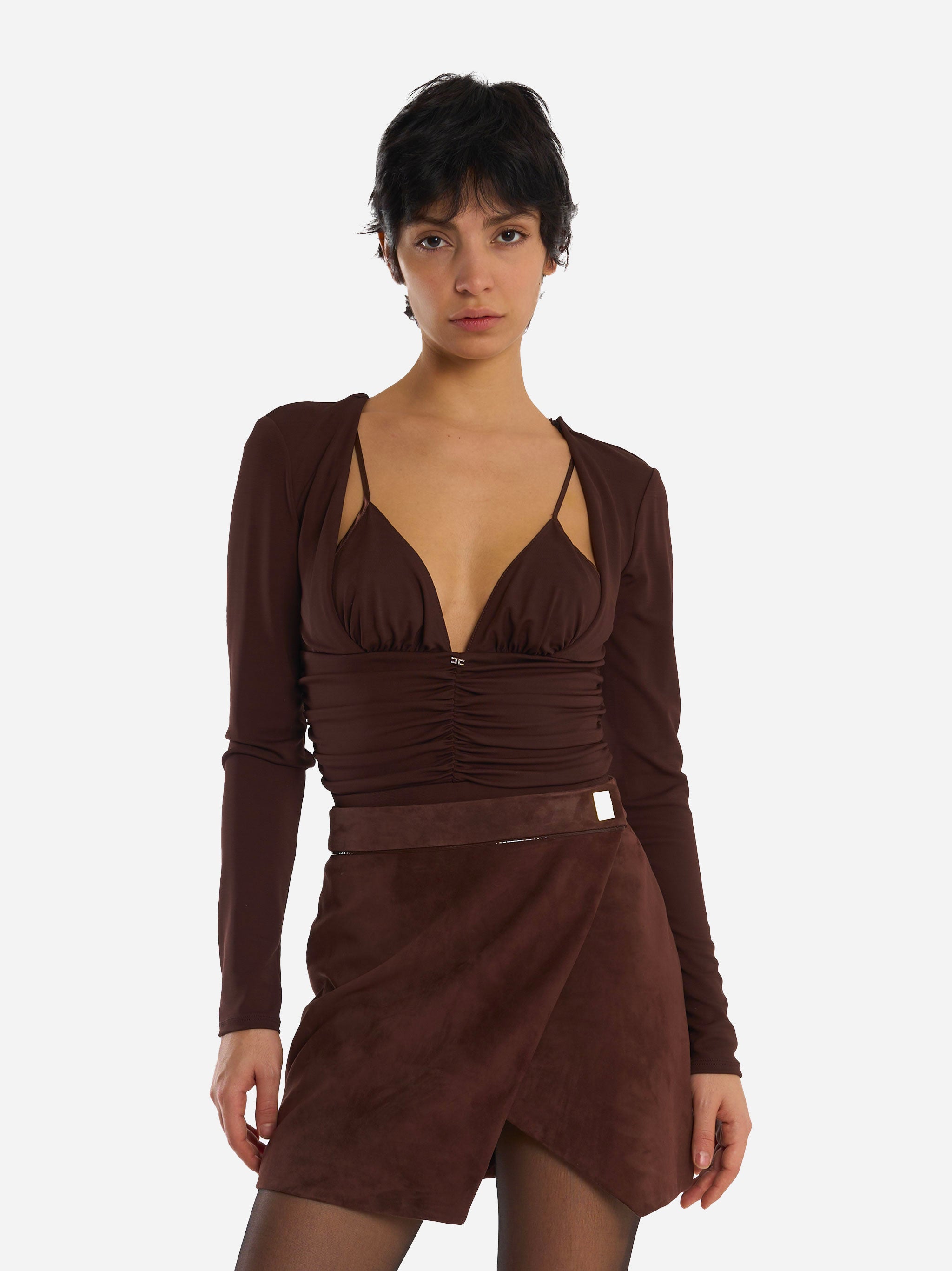 Body in jersey crepe con drappeggi Marrone