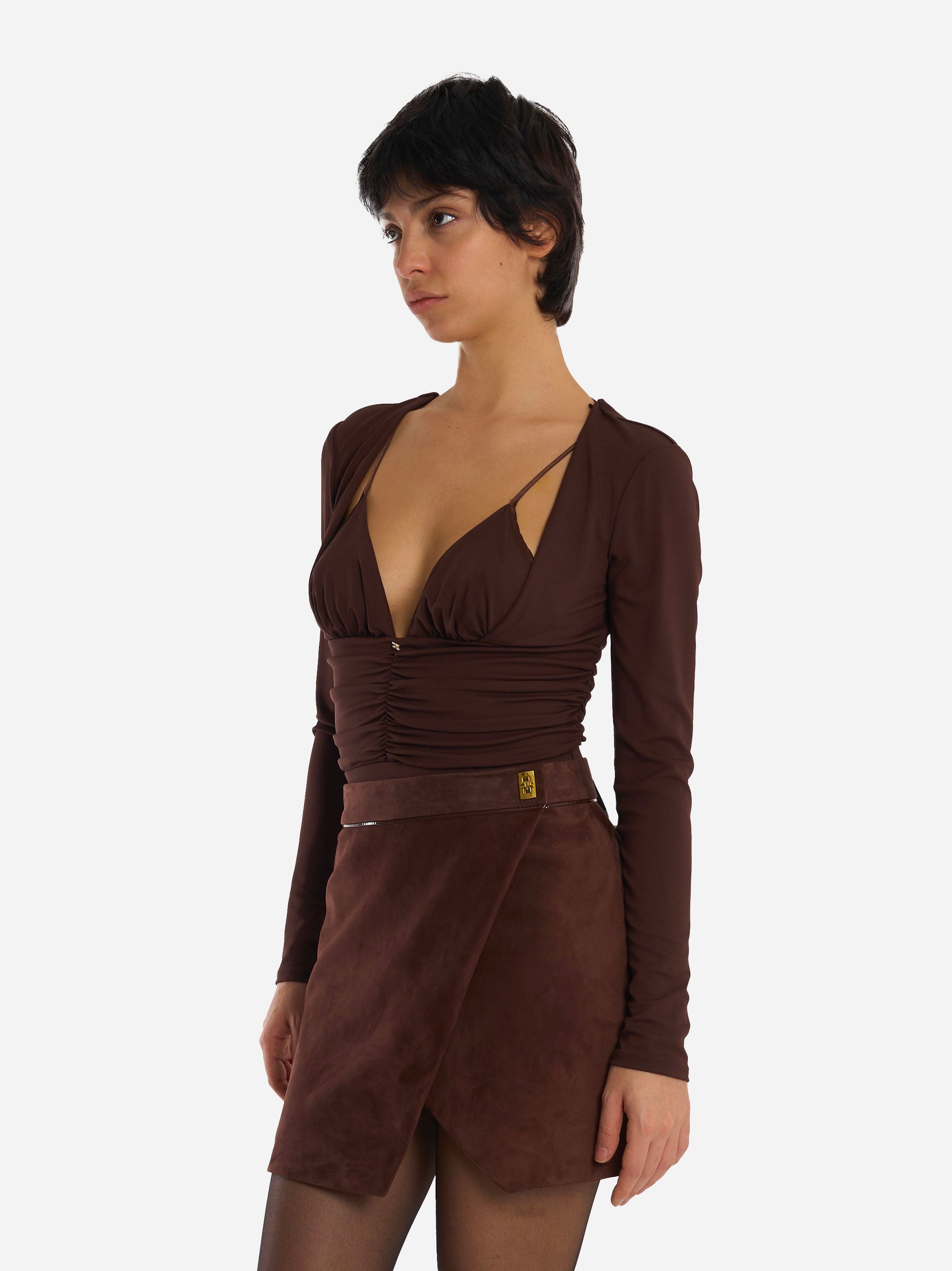 Body in jersey crepe con drappeggi Marrone