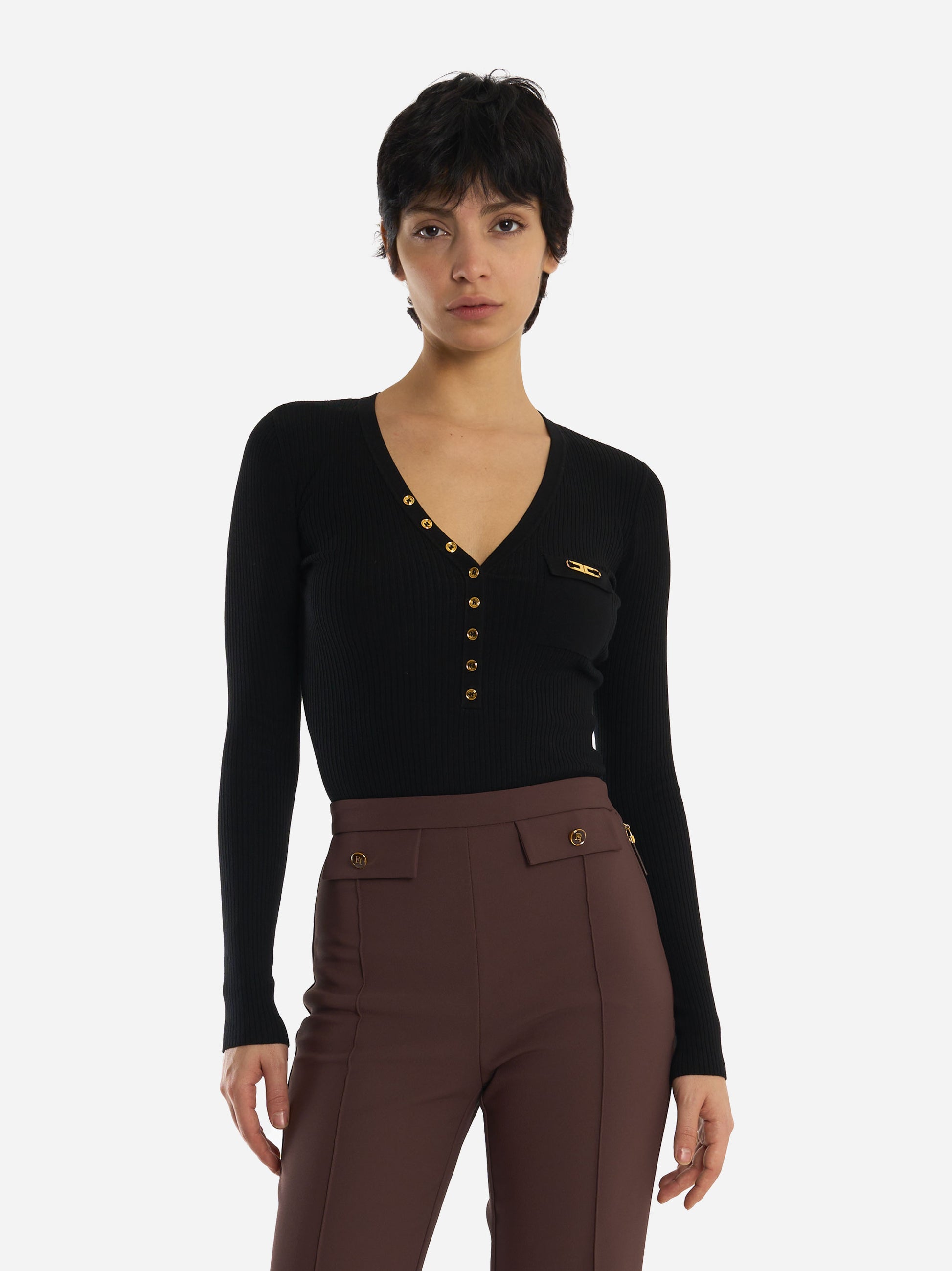 Maglia a costine con taschino Nera
