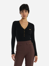 Maglia a costine con taschino Nera