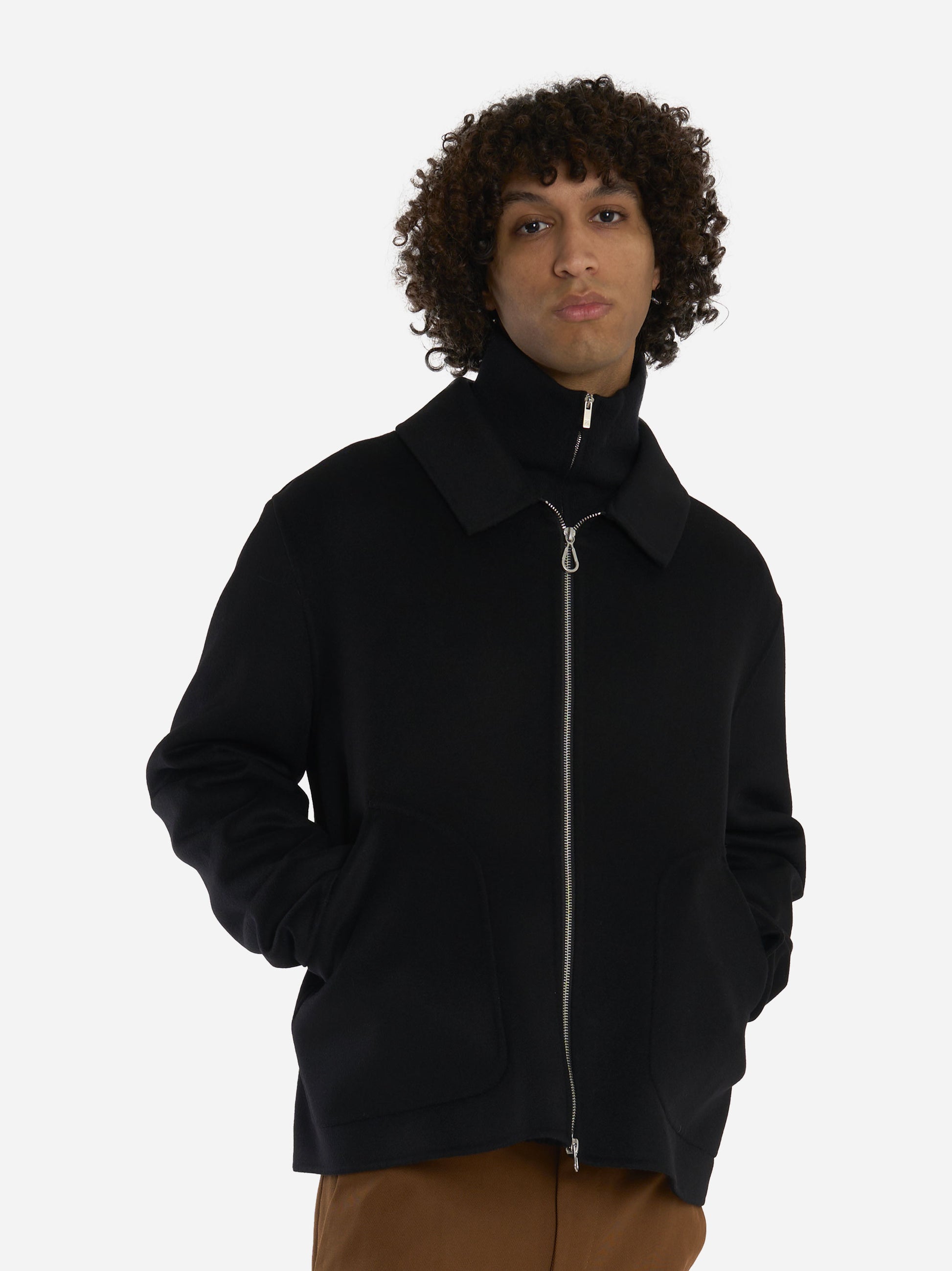 Giacca con zip centrale in double di lana Nera