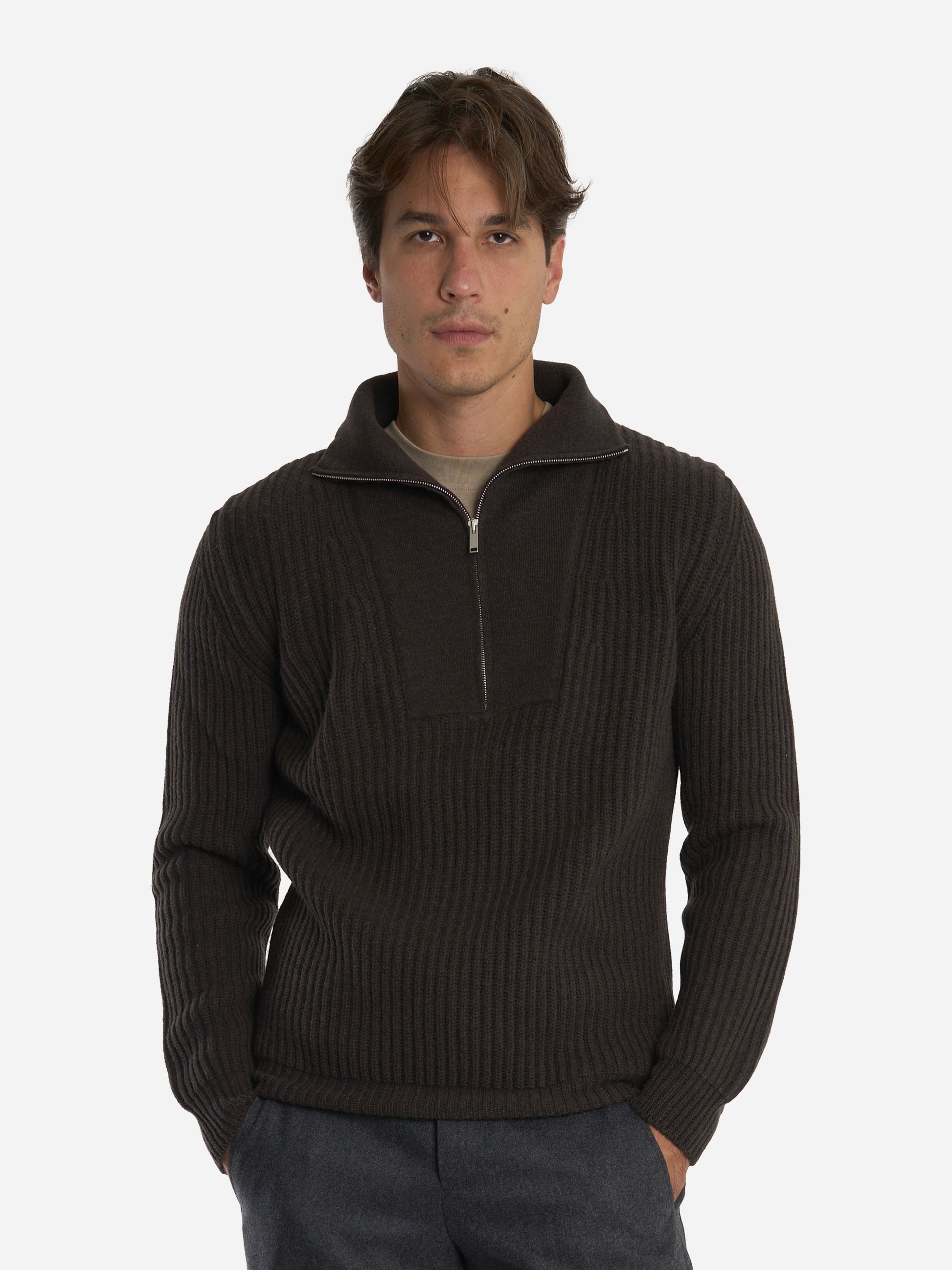 Maglia mezza zip in lana cashmere marrone