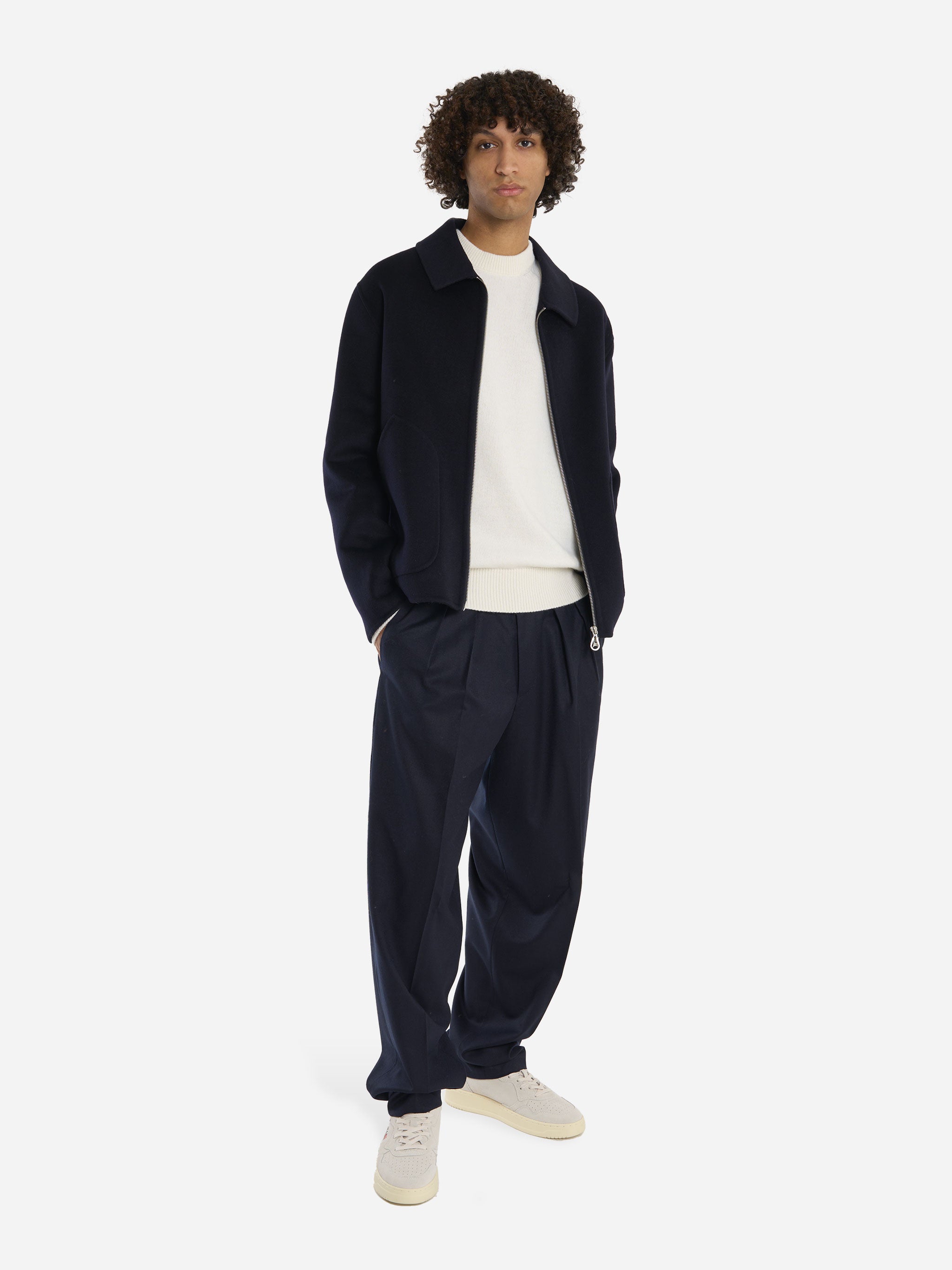 Giacca con zip centrale in double di lana blu