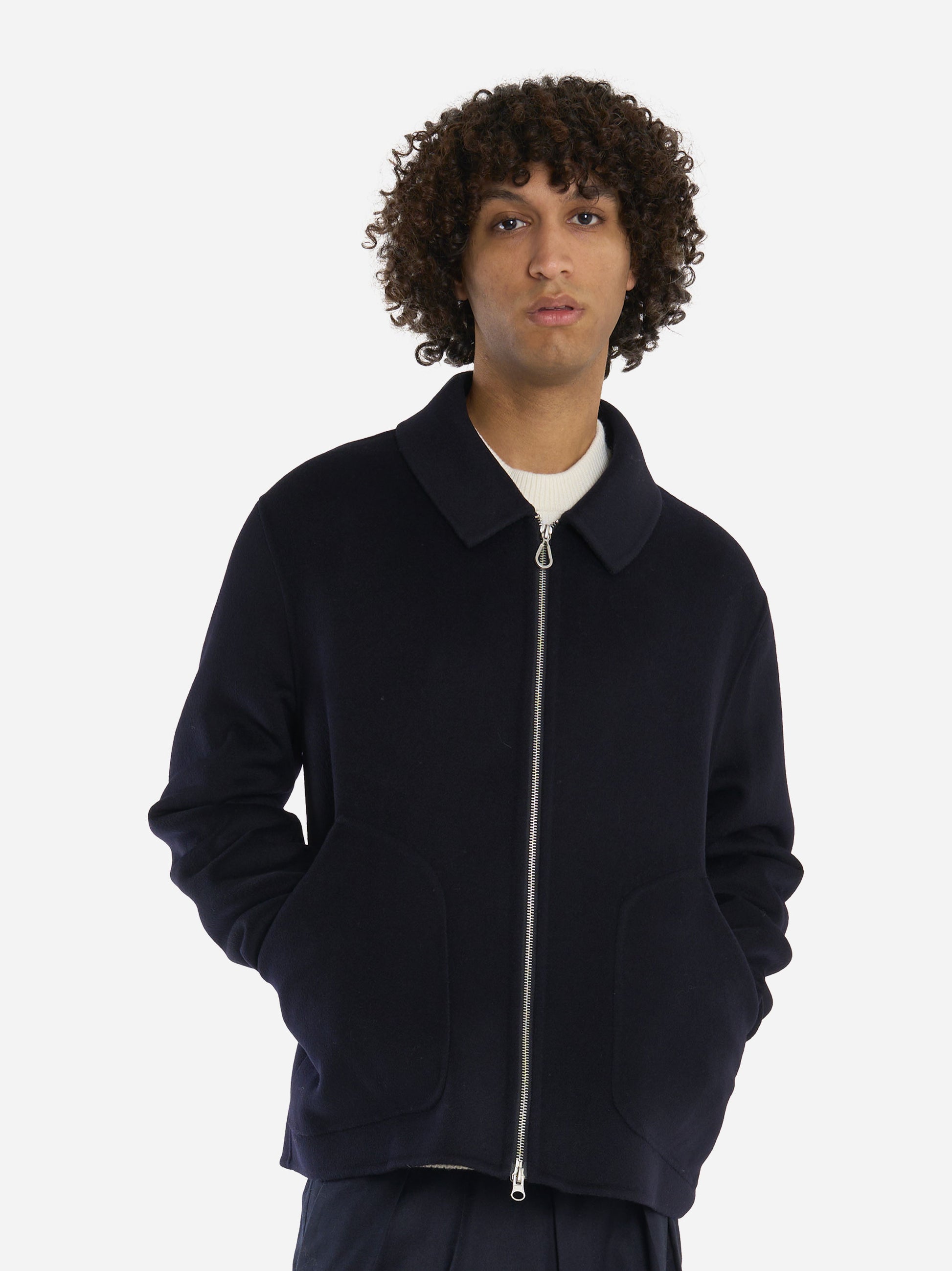 Giacca con zip centrale in double di lana blu