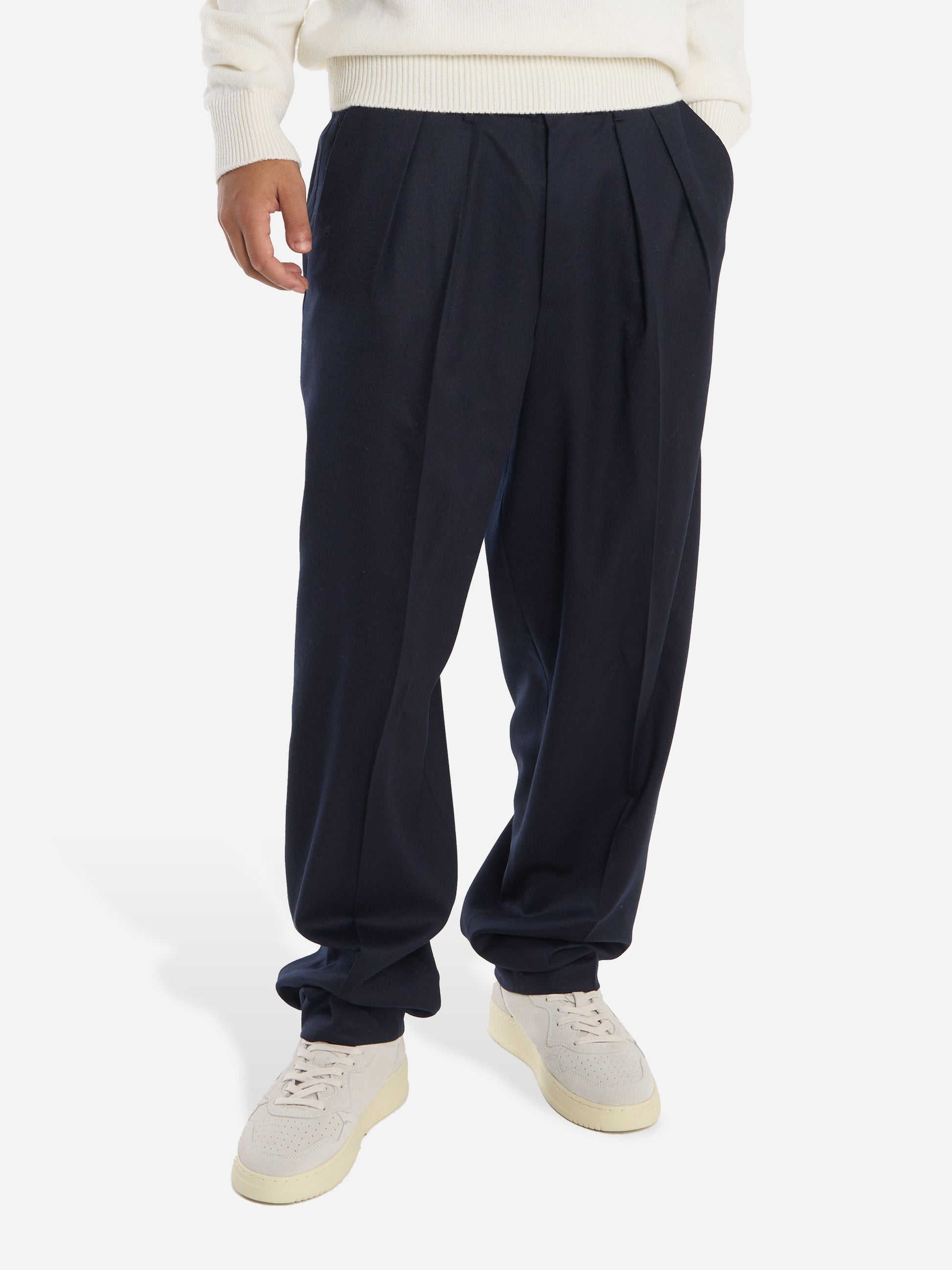 Pantalone blu wide loose fit in flanella stretch