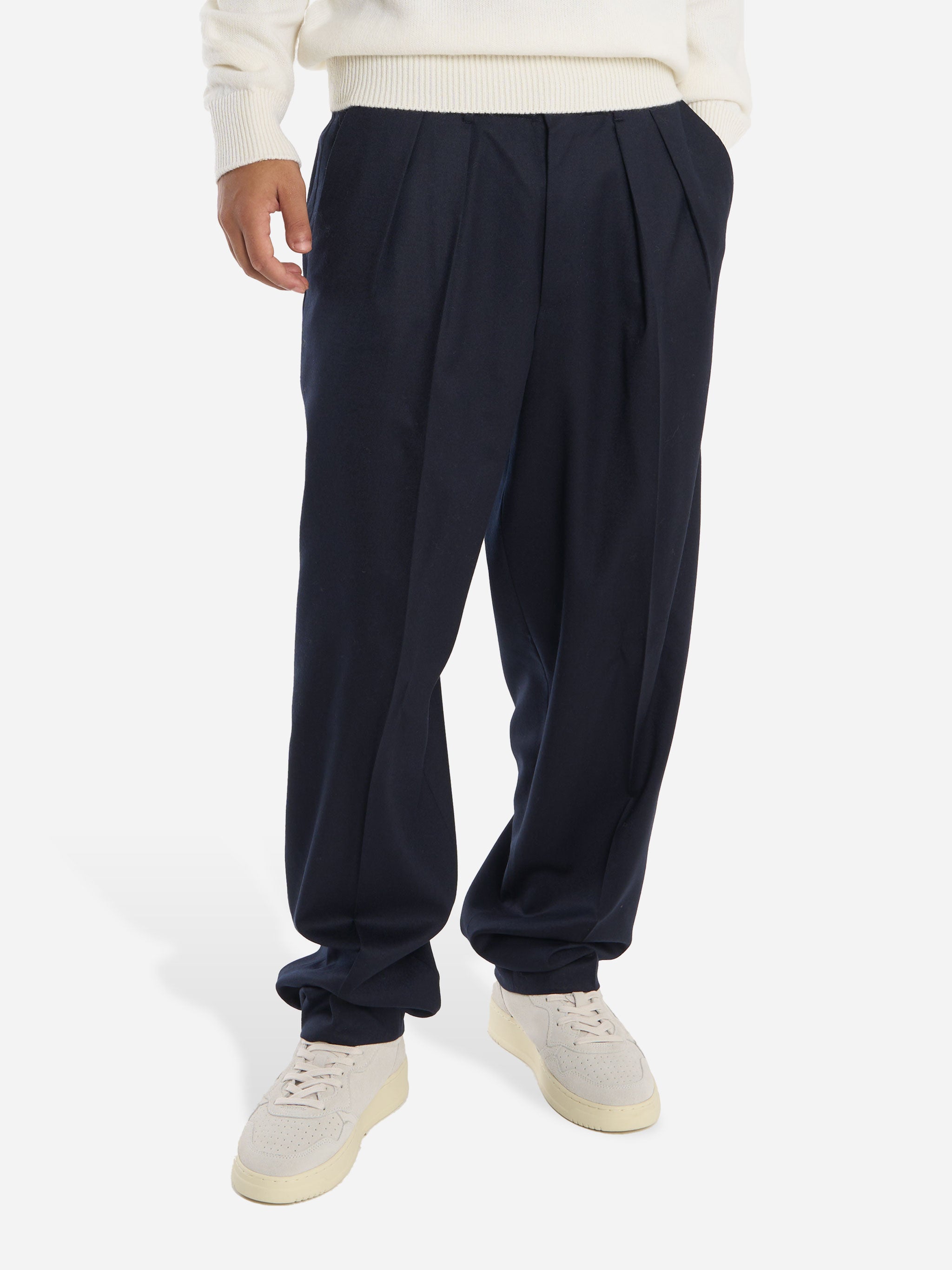 Pantalone blu wide loose fit in flanella stretch