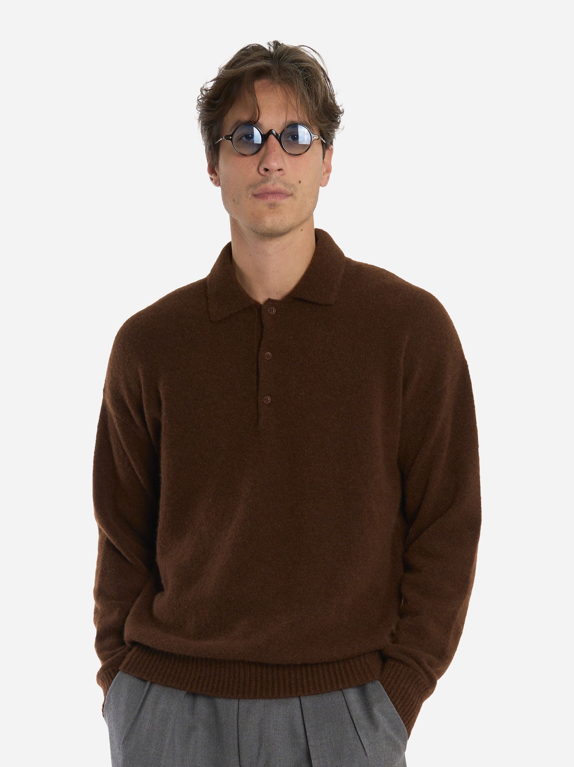 Polo manica lunga in cashmere e seta Marrone