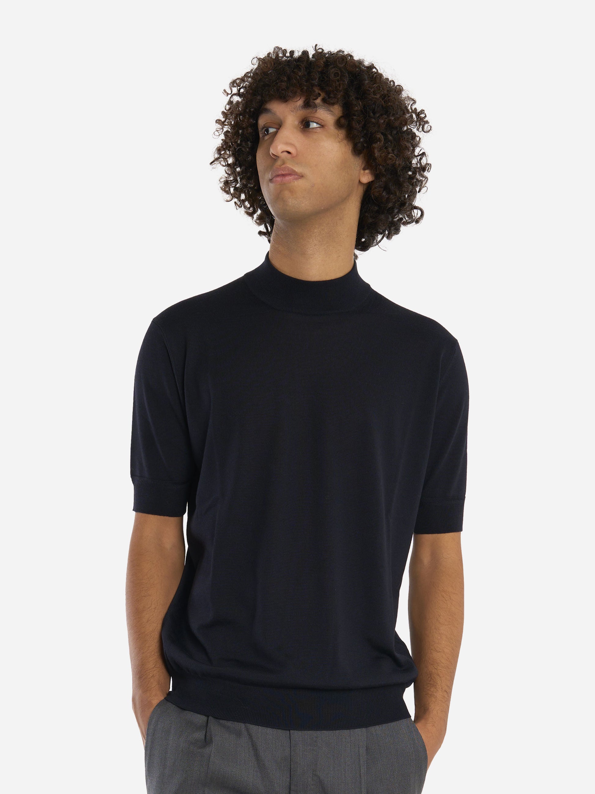 Maglia con collo lupetto manica corta in lana merinos Blu