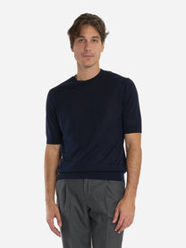 Maglia girocollo manica corta in lana finezza 16 Blu