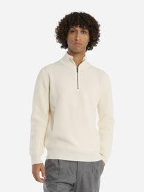 Maglia mezza zip in lana a coste Bianca
