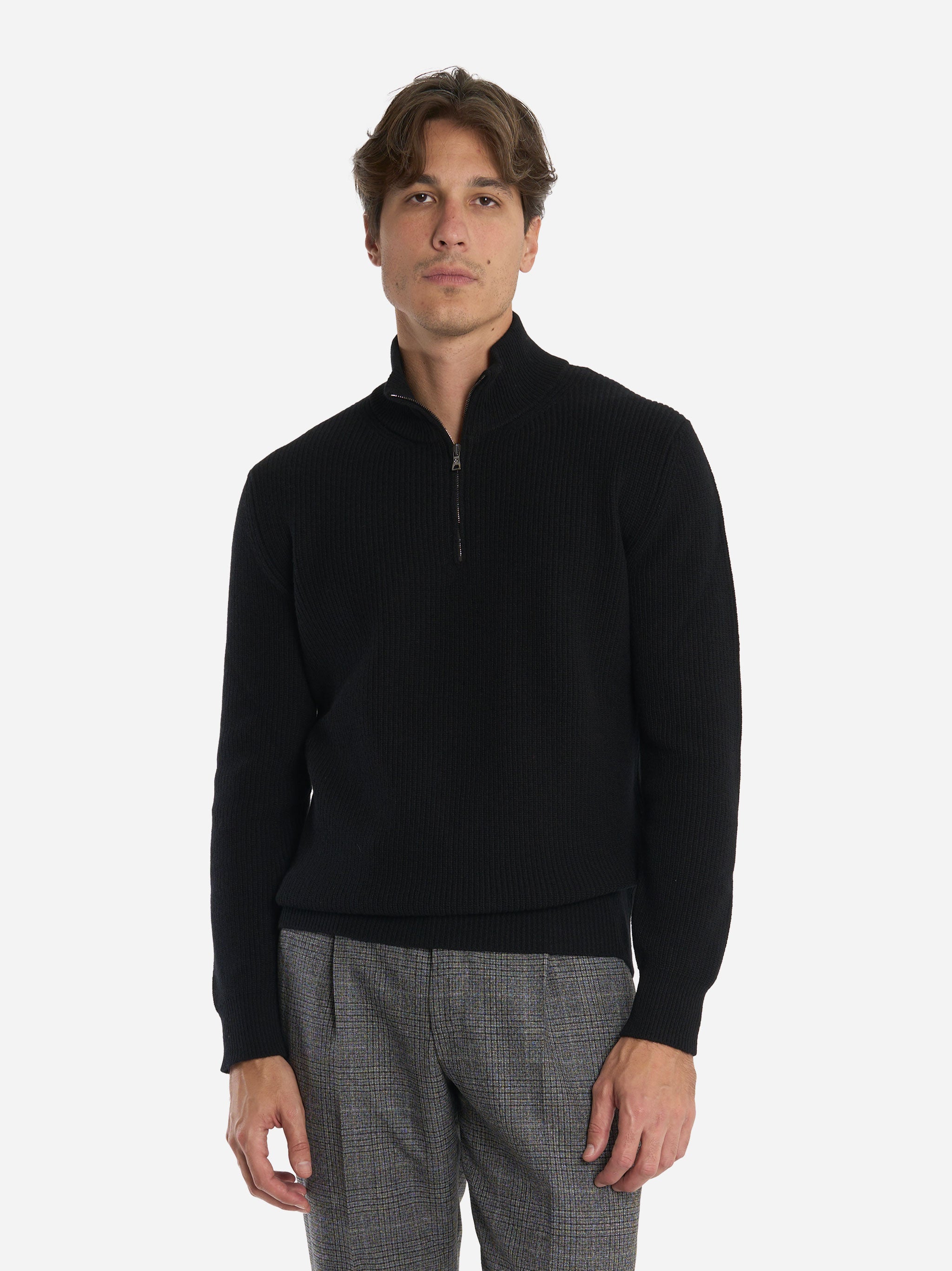 Maglia mezza zip in lana a coste Nera