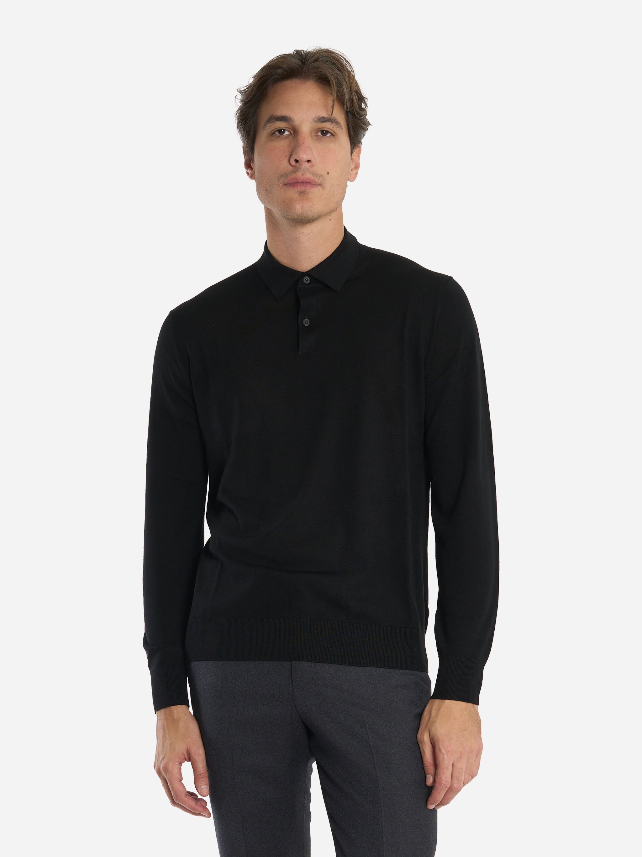 Polo manica lunga in lana finezza 16 Nero