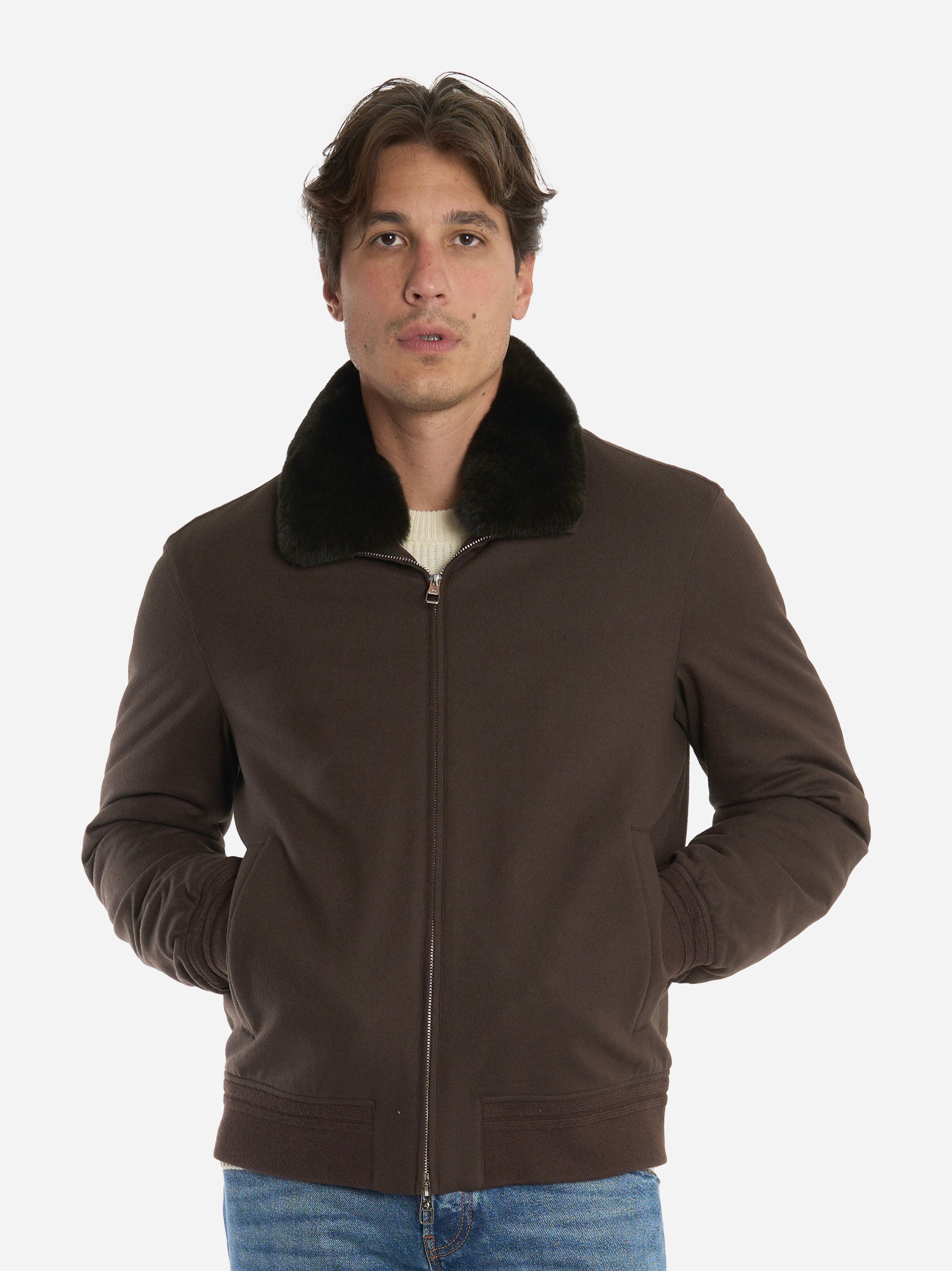 Bomber in lana con collo staccabile in pelliccia Marrone