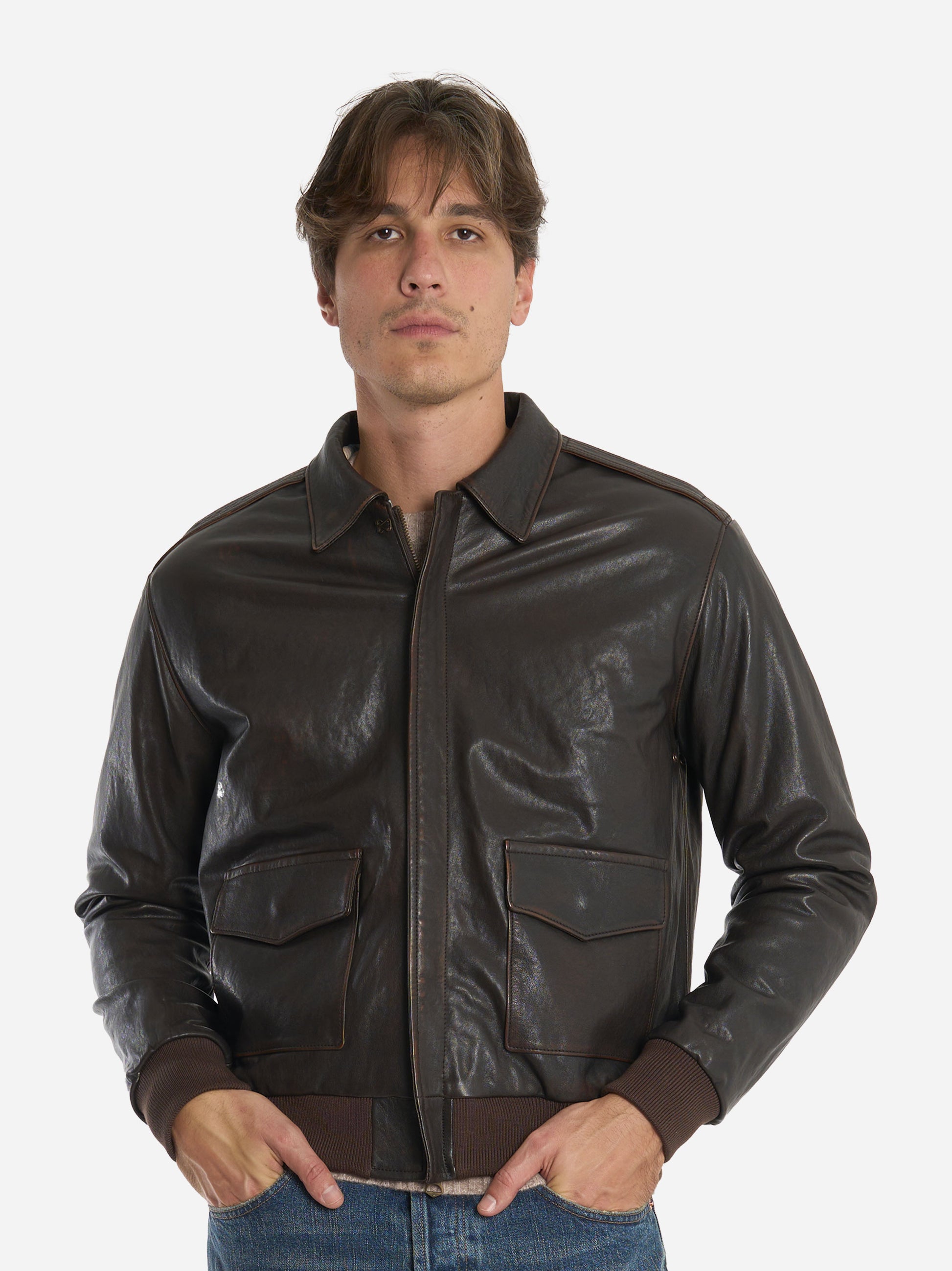 Giacca in pelle con effetti vintage A2 Marrone