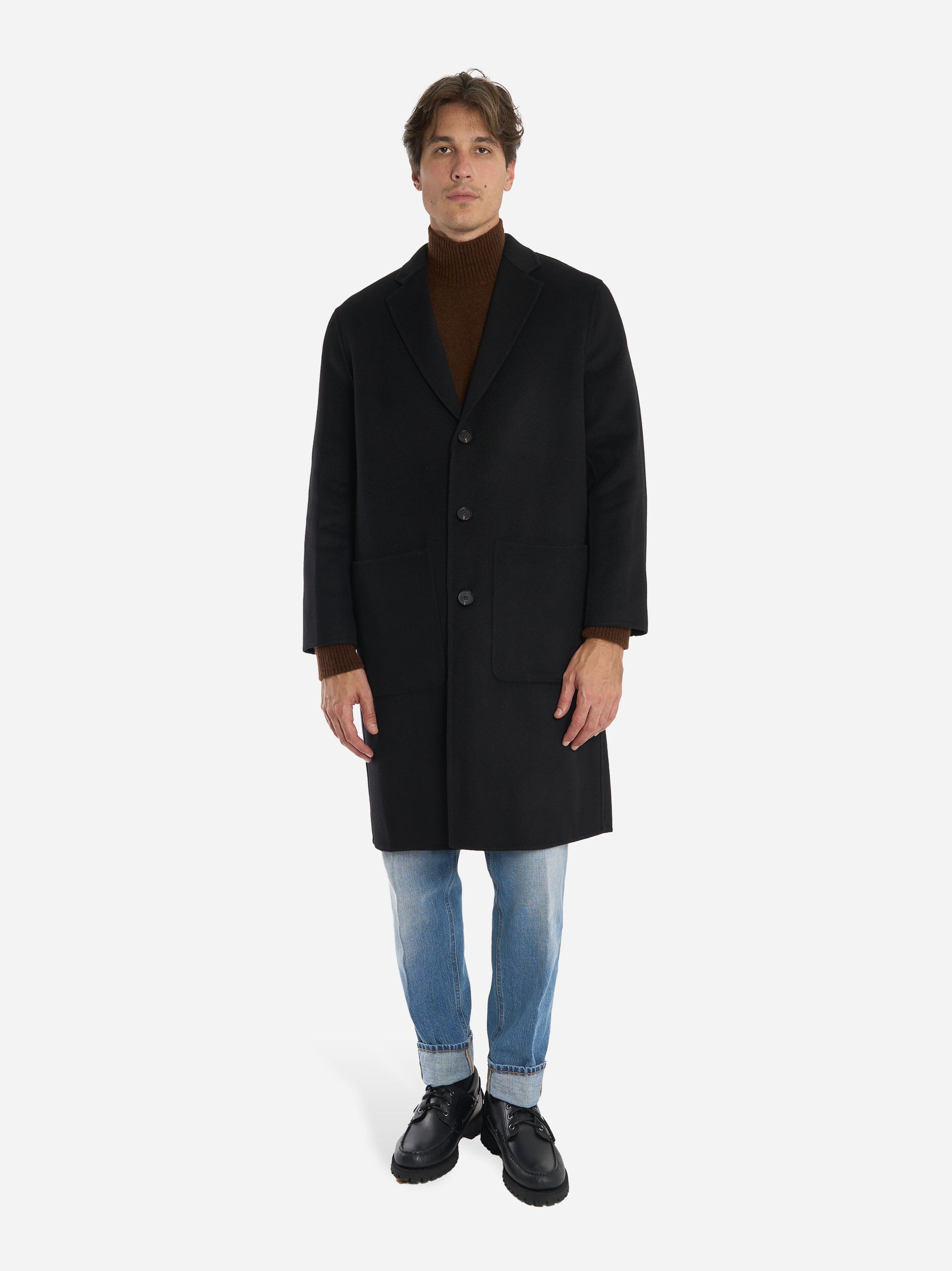 Cappotto monopetto in double di lana Nero