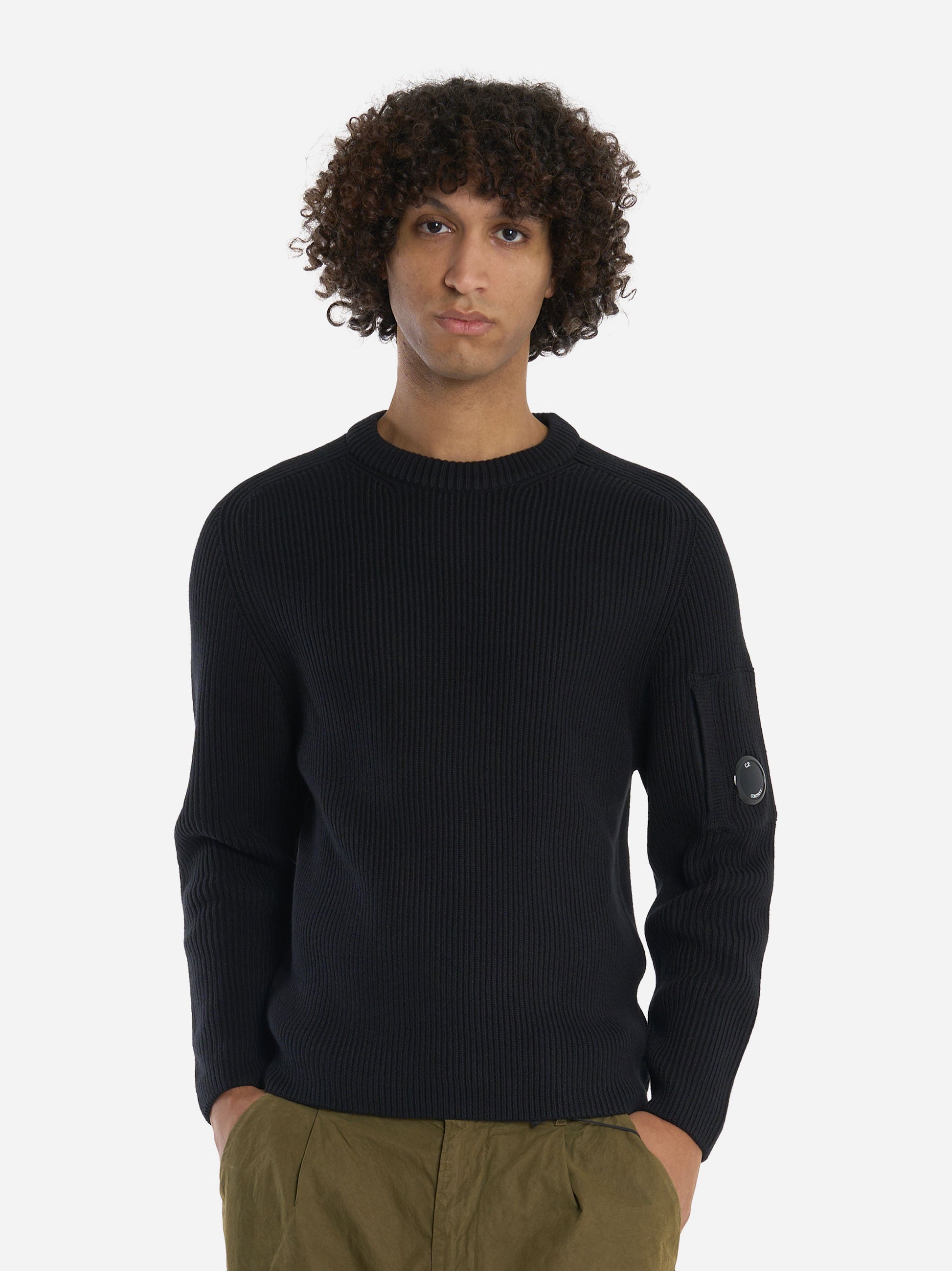 Maglia girocollo a coste con logo Nera