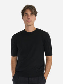 Maglia girocollo manica corta in lana finezza 16 Nera