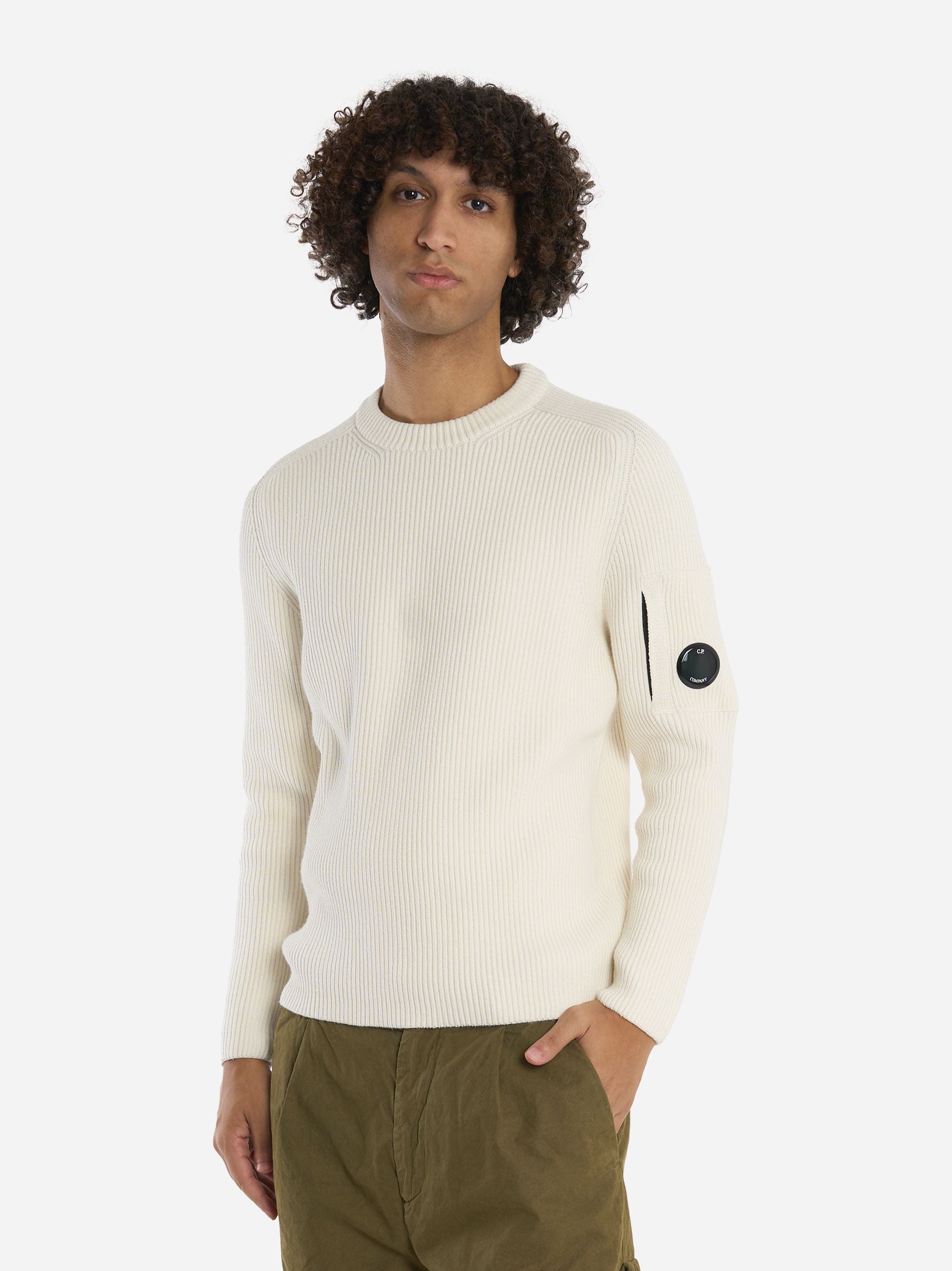 Maglia girocollo a coste con logo Bianca