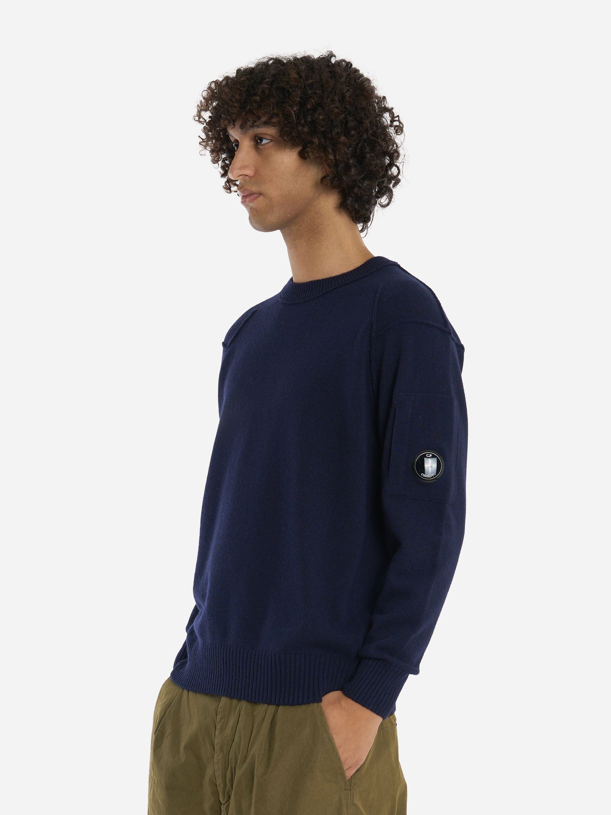 Maglia girocollo in lambswool con logo Blu