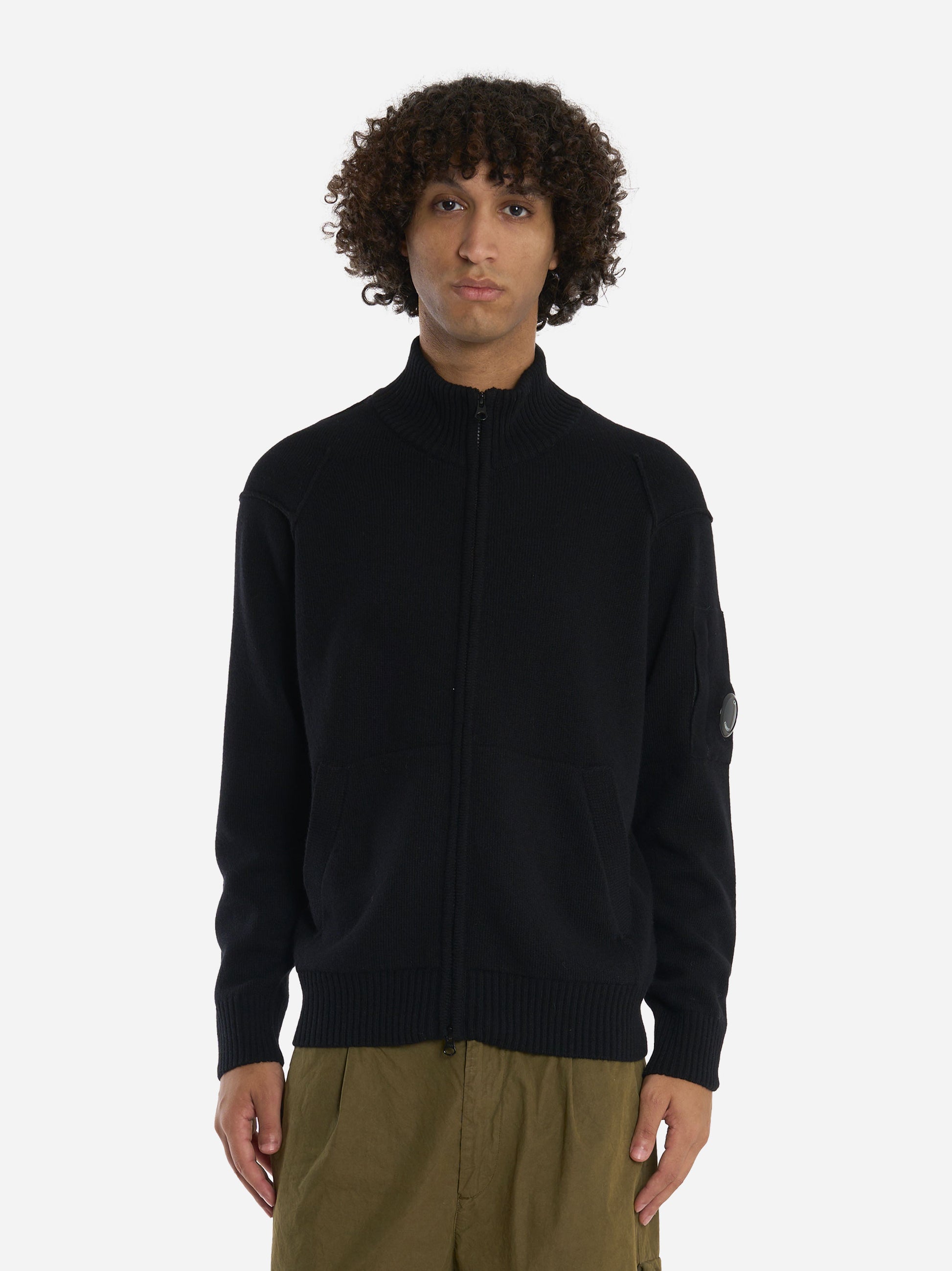 Maglia fullzip in lambswool con logo Nera