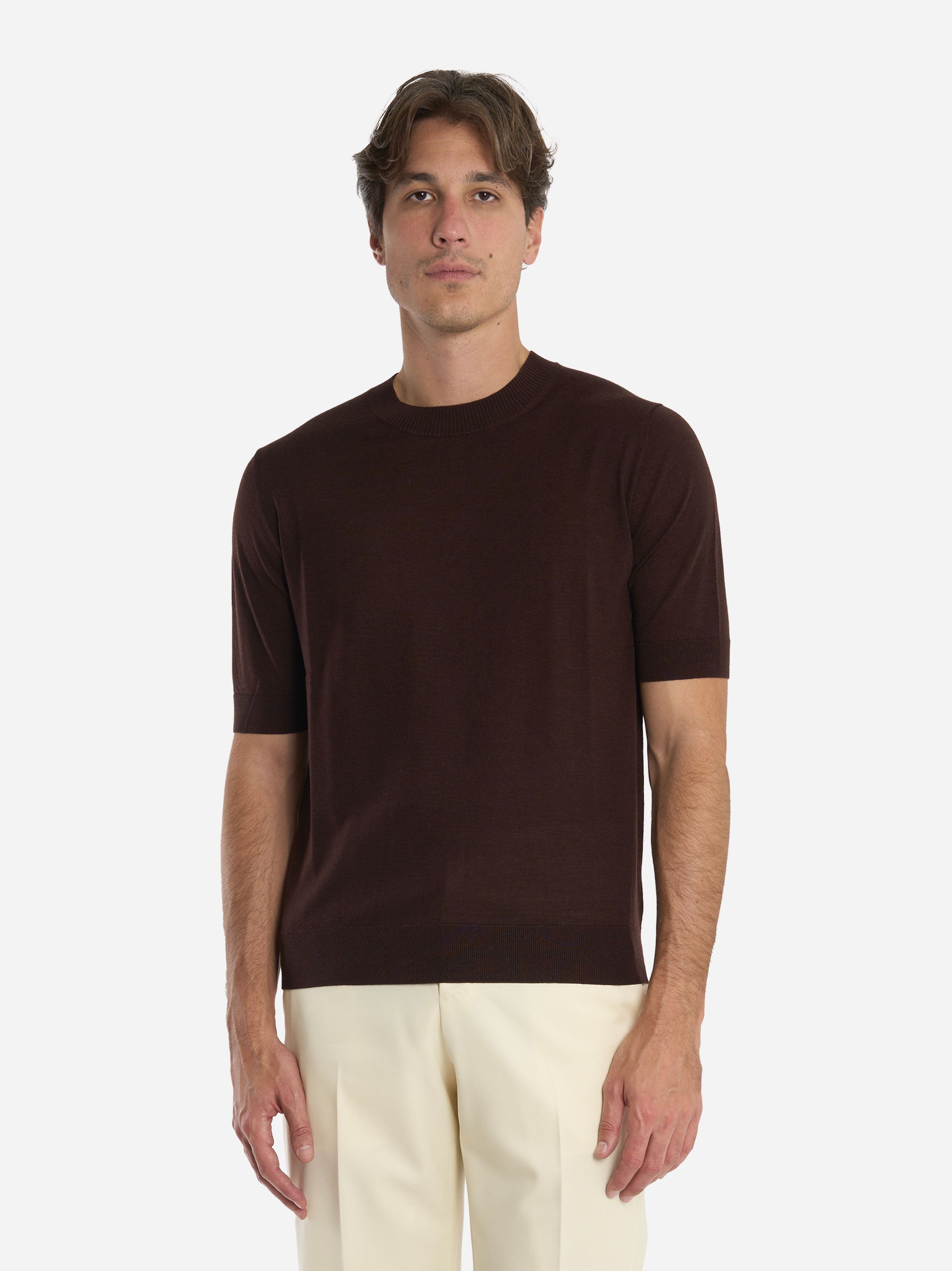 Maglia girocollo manica corta in lana finezza 16 Marrone