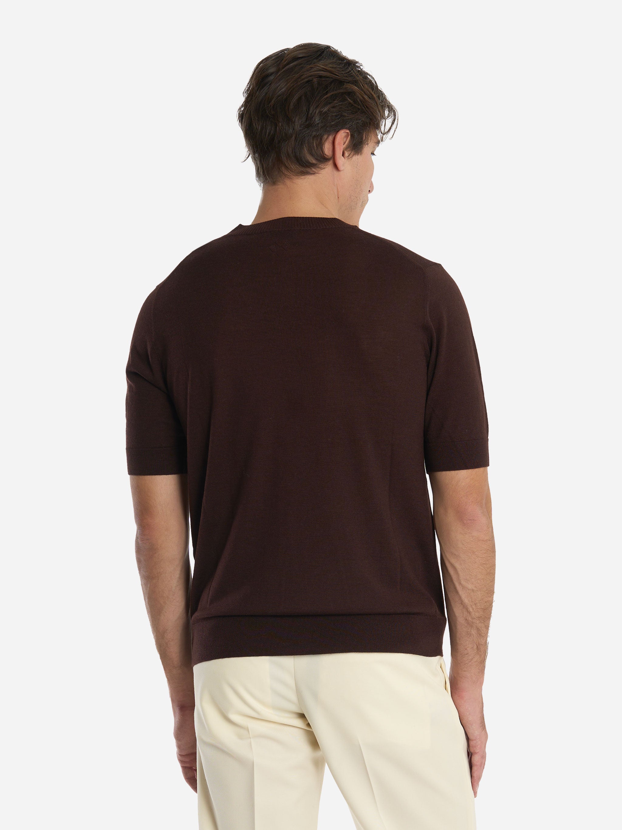 Maglia girocollo manica corta in lana finezza 16 Marrone