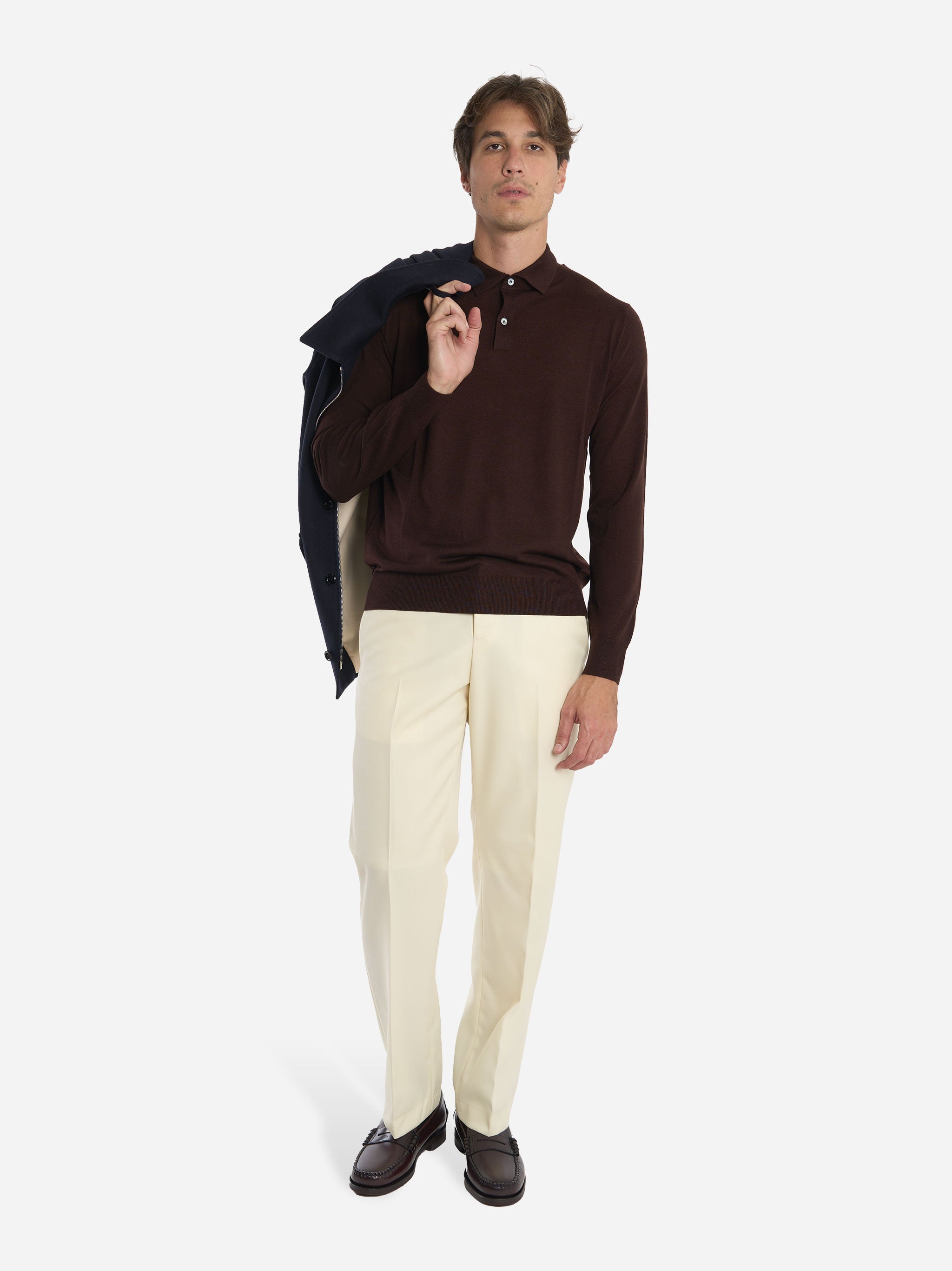 Polo manica lunga in lana finezza 16 Marrone