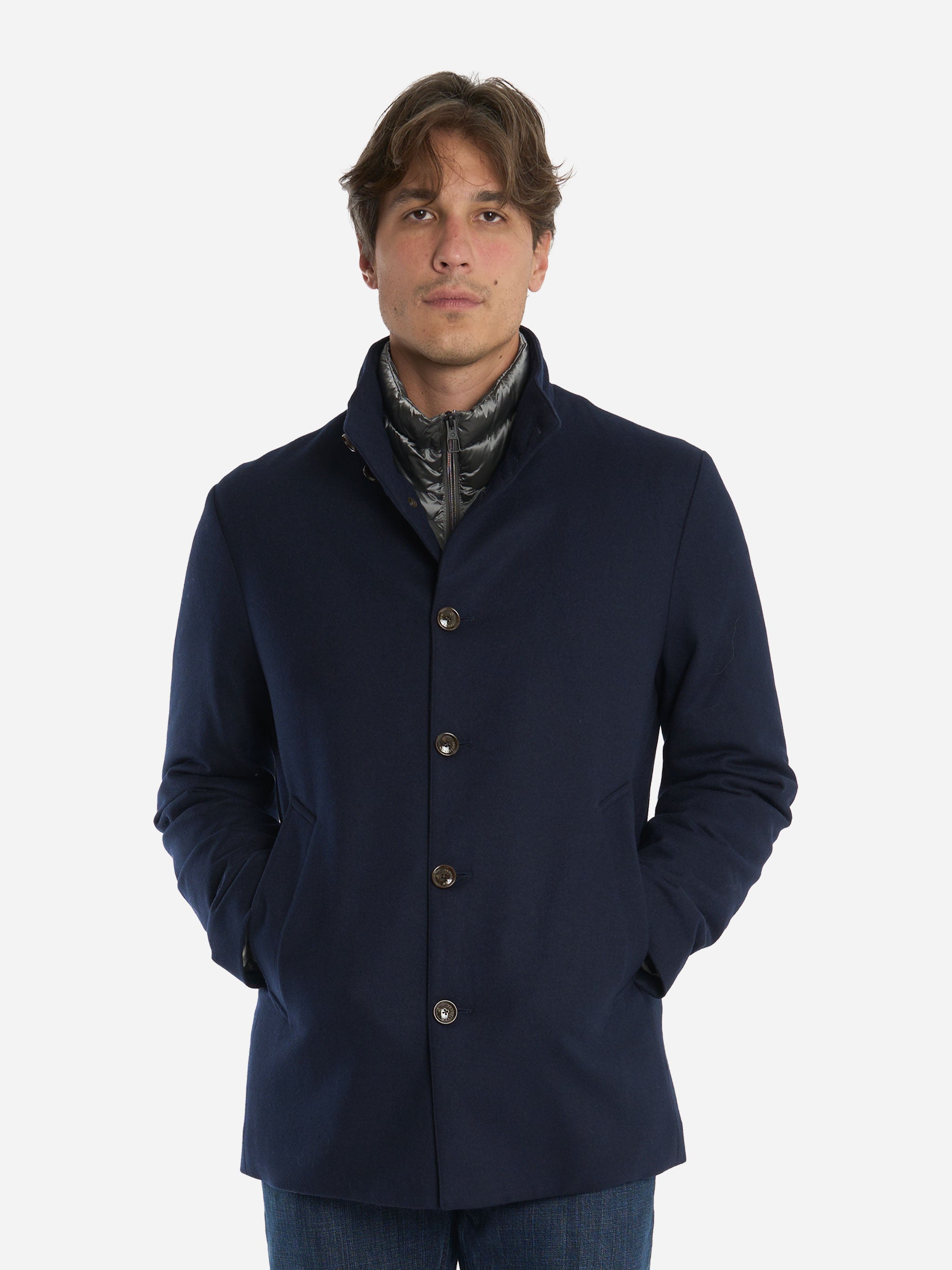 Giacca lunga in lana con interno in piuma Blu