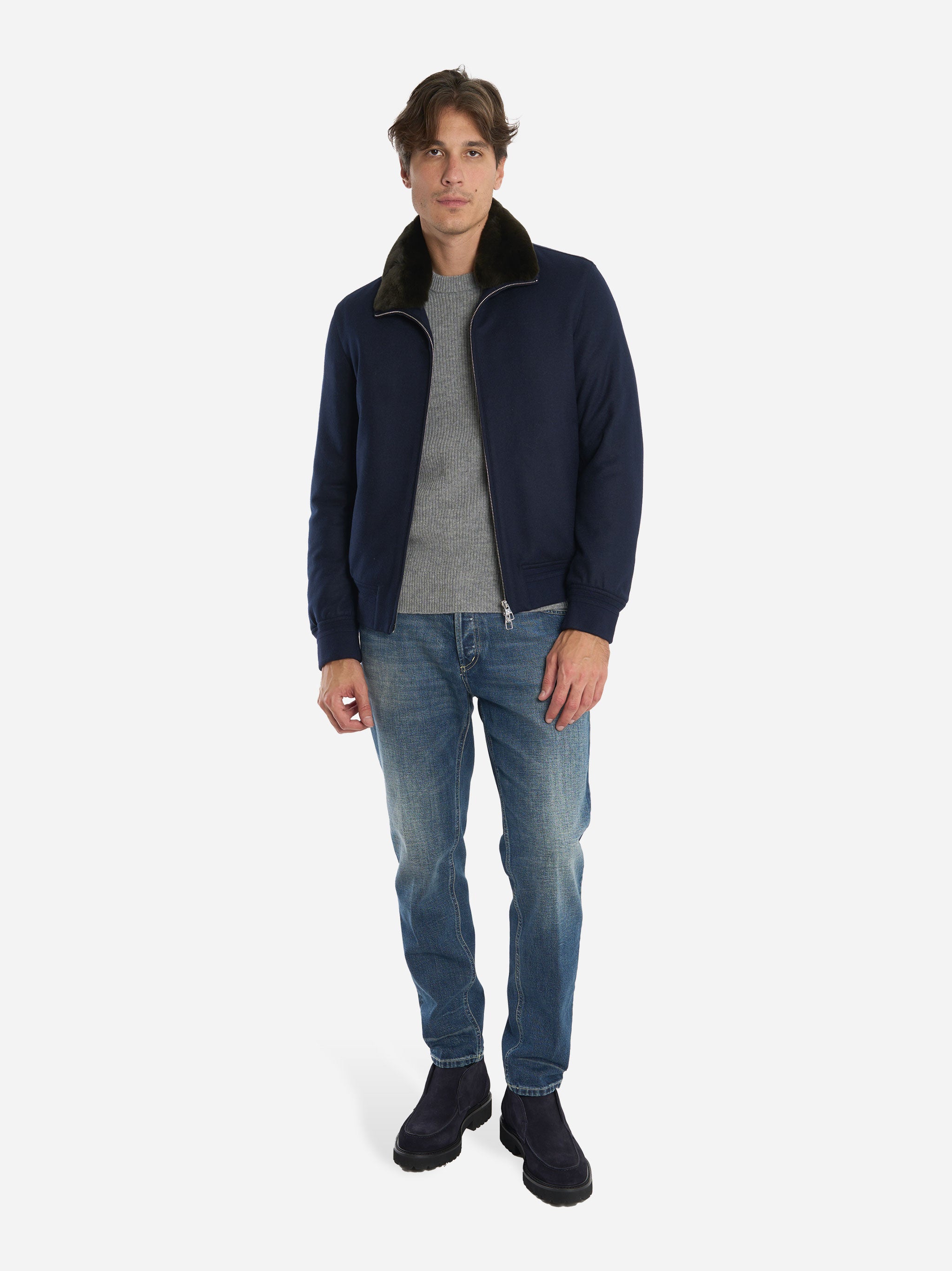 Bomber in lana con collo staccabile in pelliccia Blu