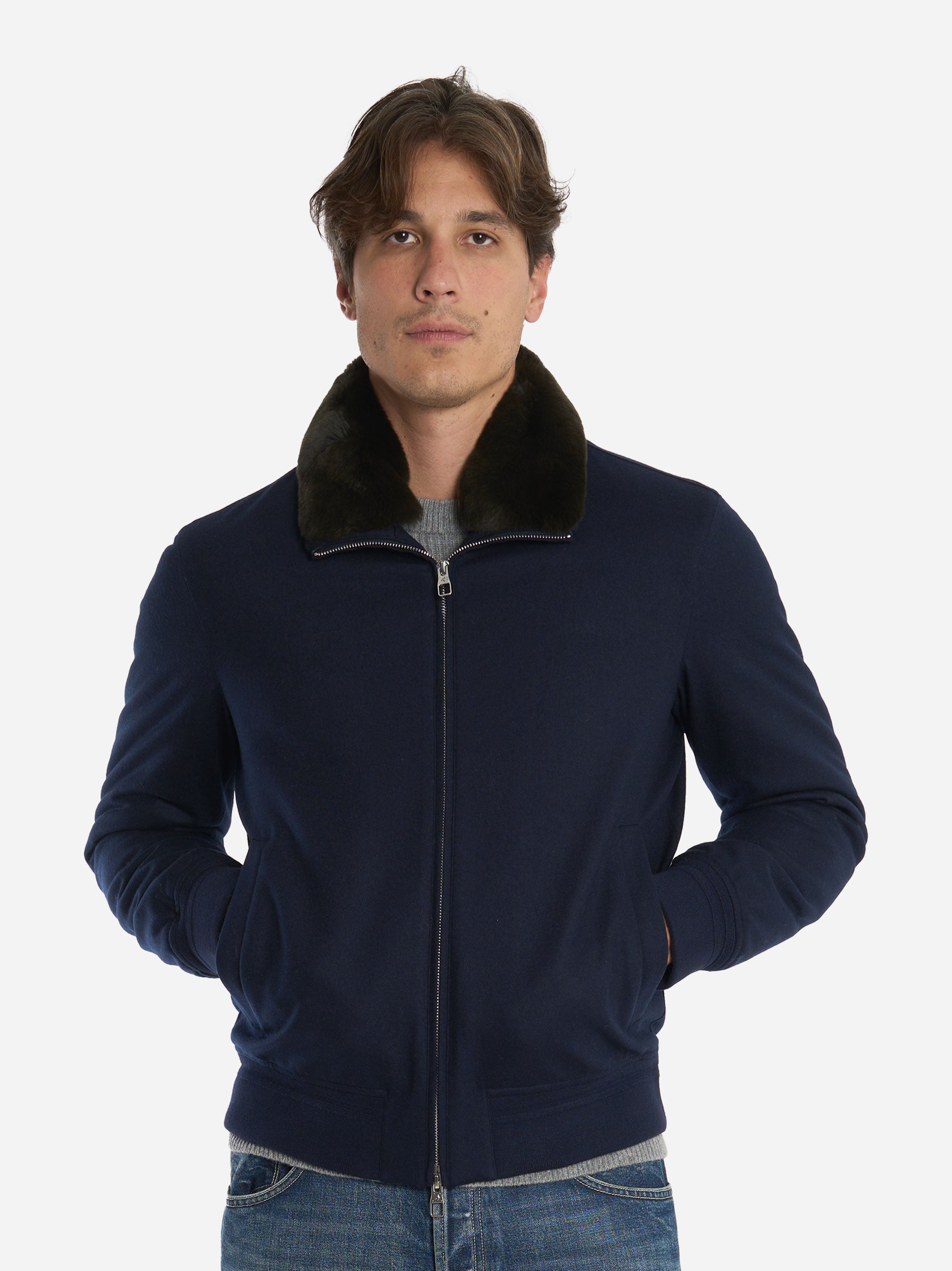Bomber in lana con collo staccabile in pelliccia Blu