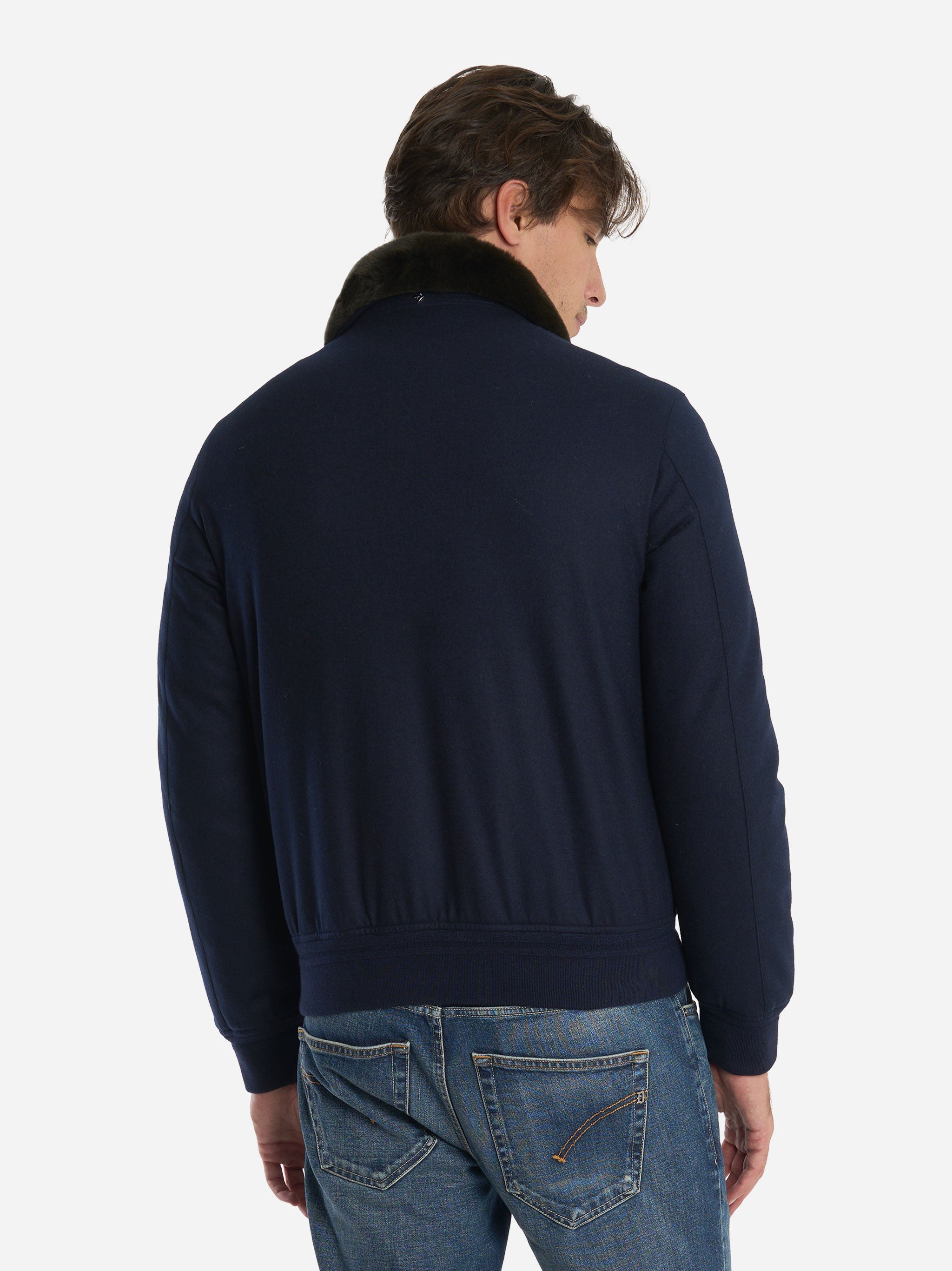 Bomber in lana con collo staccabile in pelliccia Blu