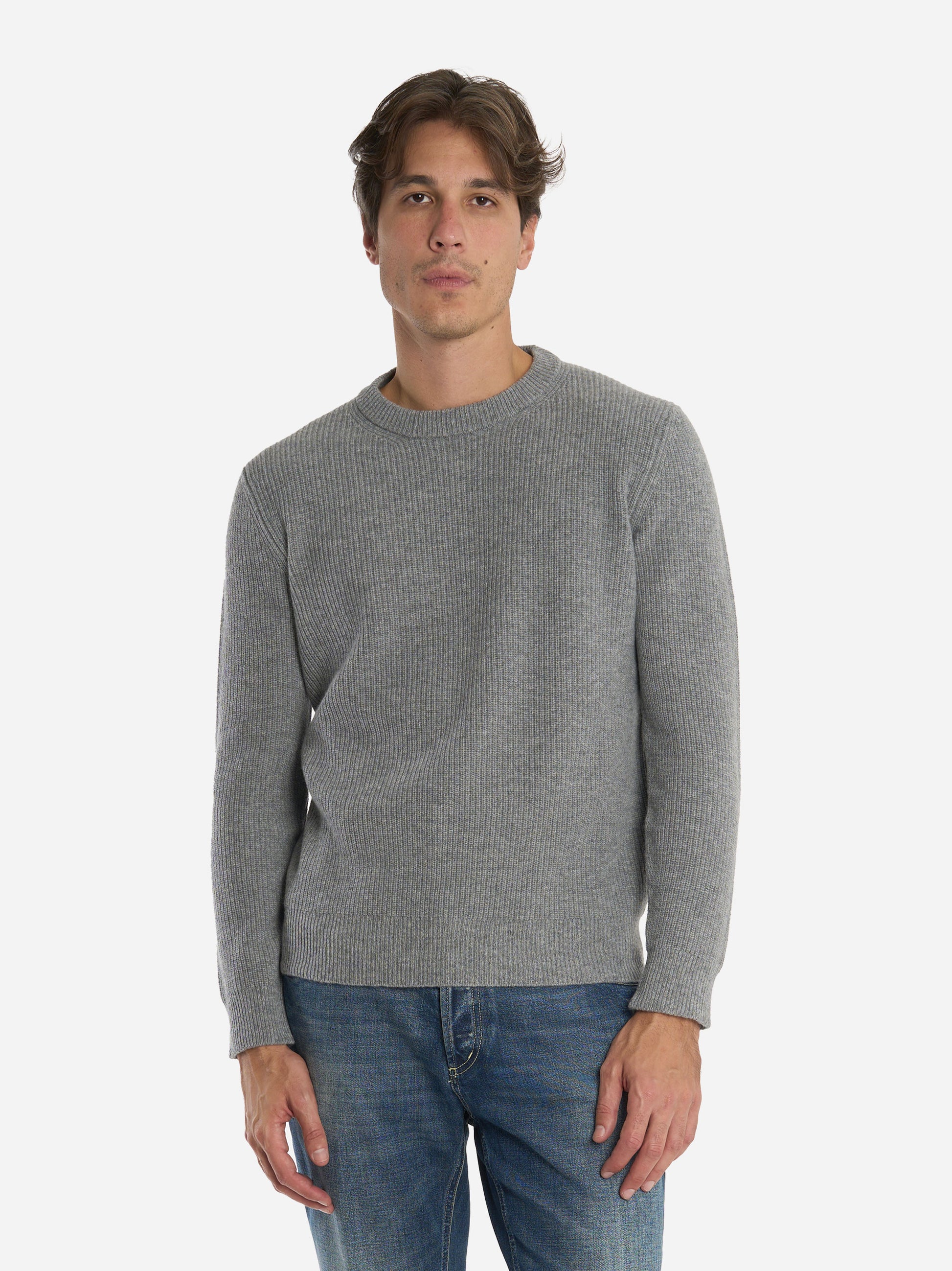 Maglia girocollo a coste grigia