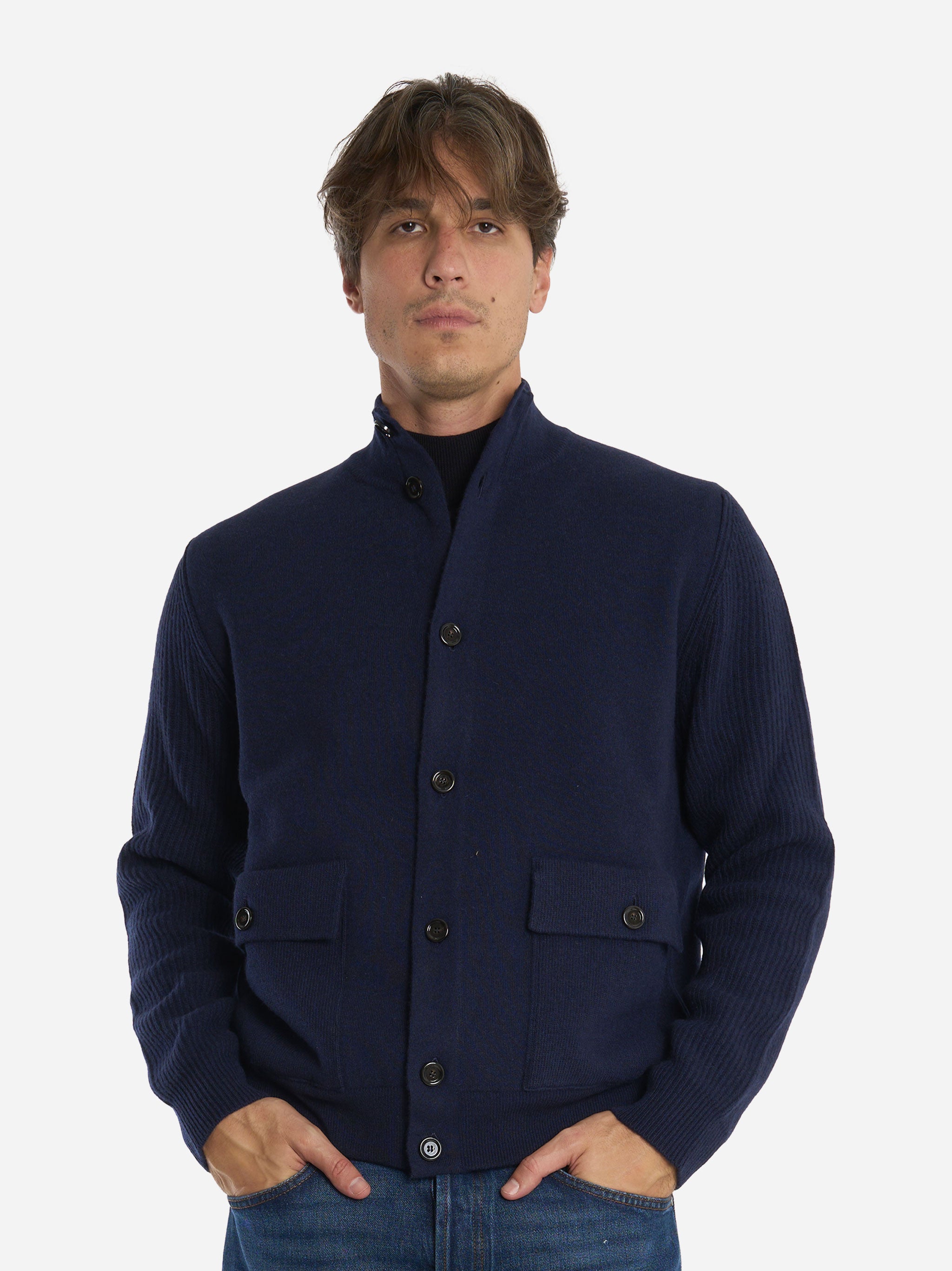 Bomber con bottoni in lana double blu