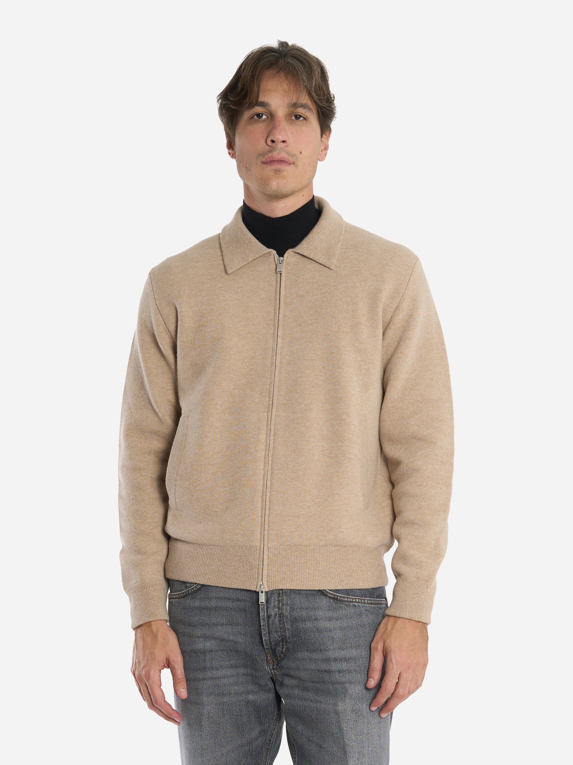 Bomber con colletto in lana double beige