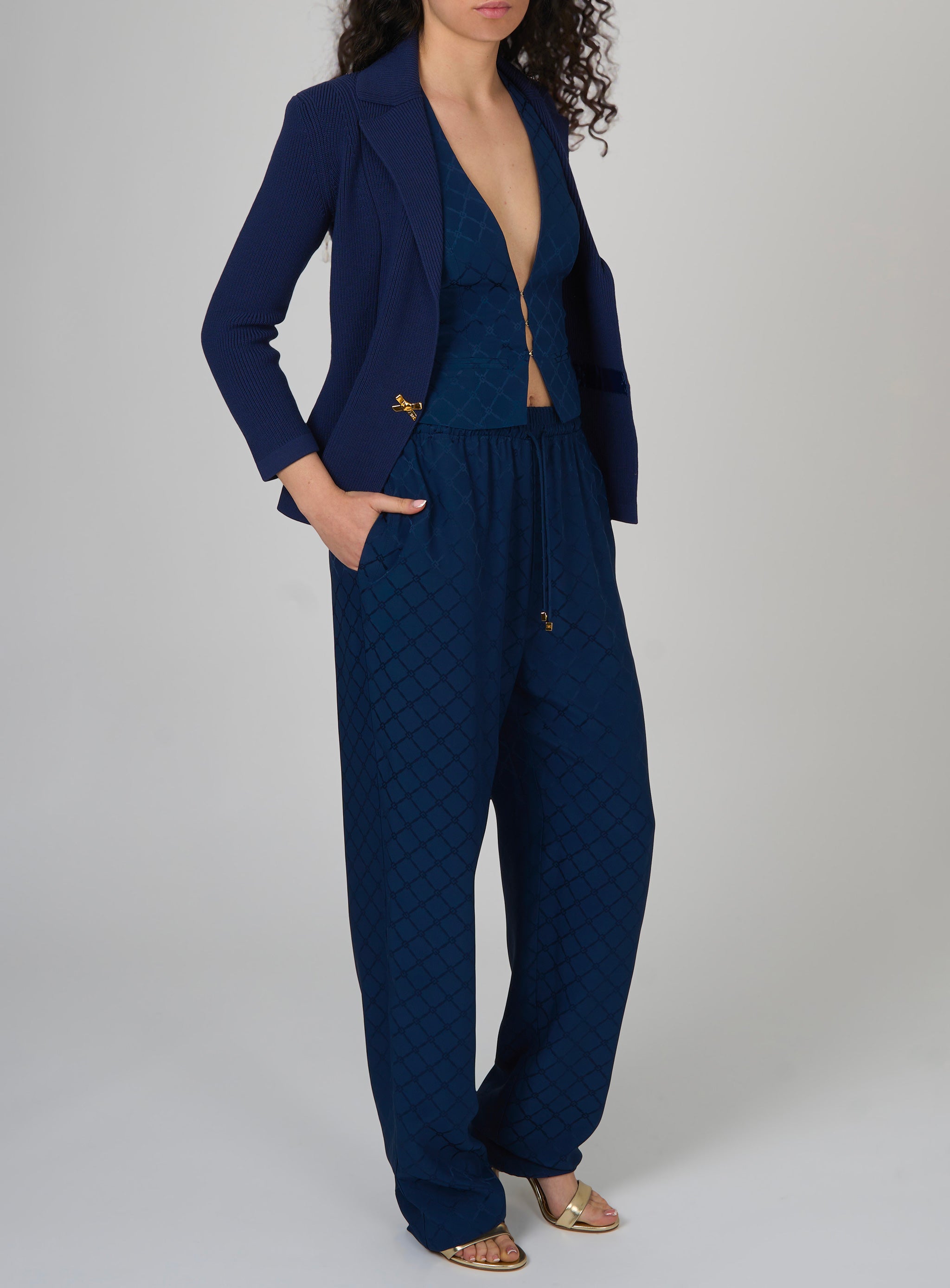 Gilet in satin con losanga jacquard Blu